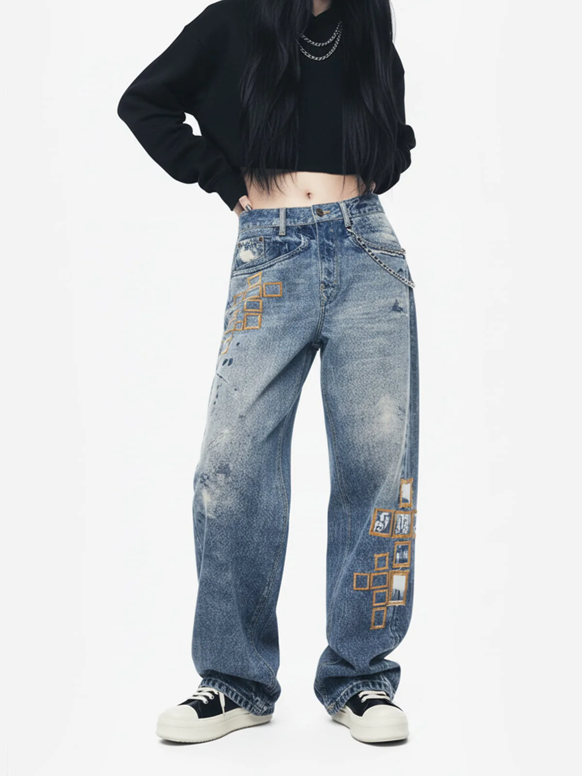 Frame Cross Print Denim Jeans