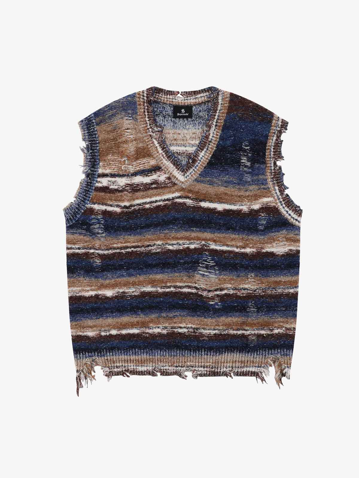 Frayed Edge Striped V Neck Knit Vest - Image 2