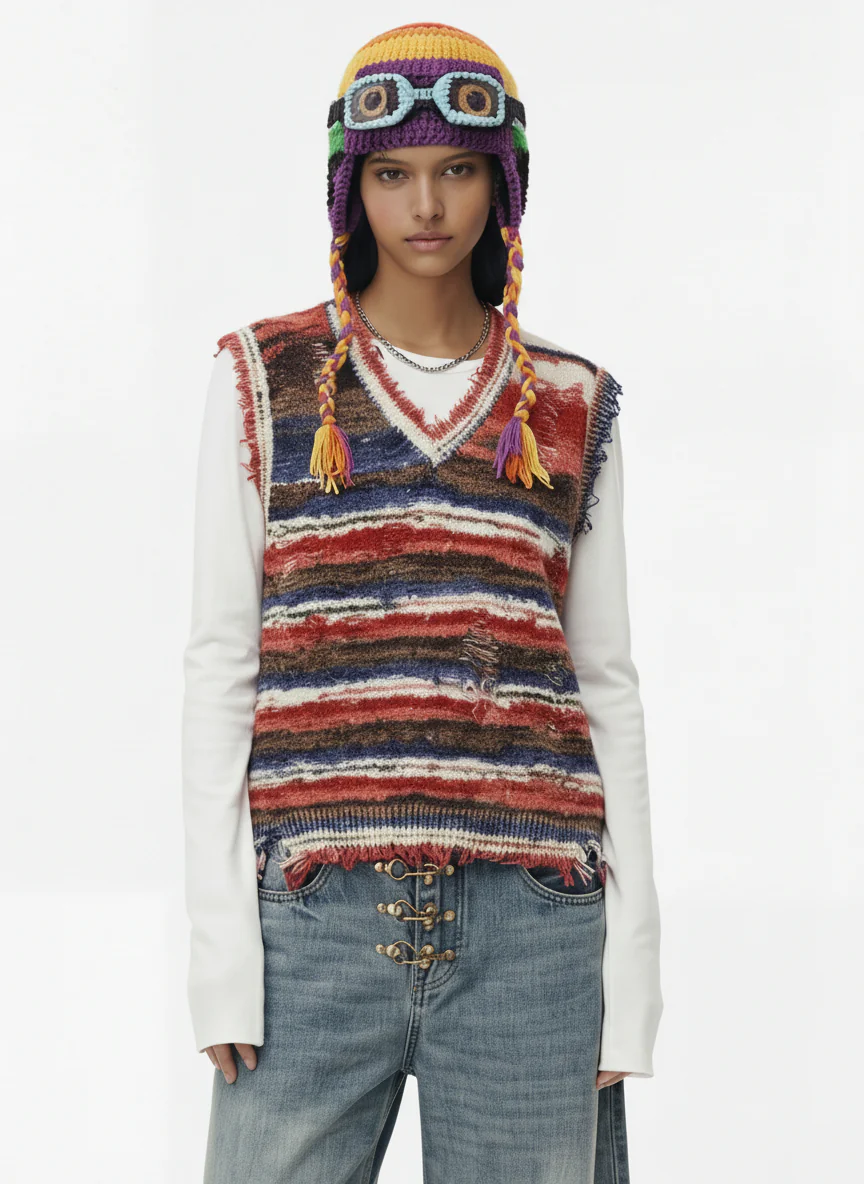 Frayed Edge Striped V Neck Knit Vest - Image 3