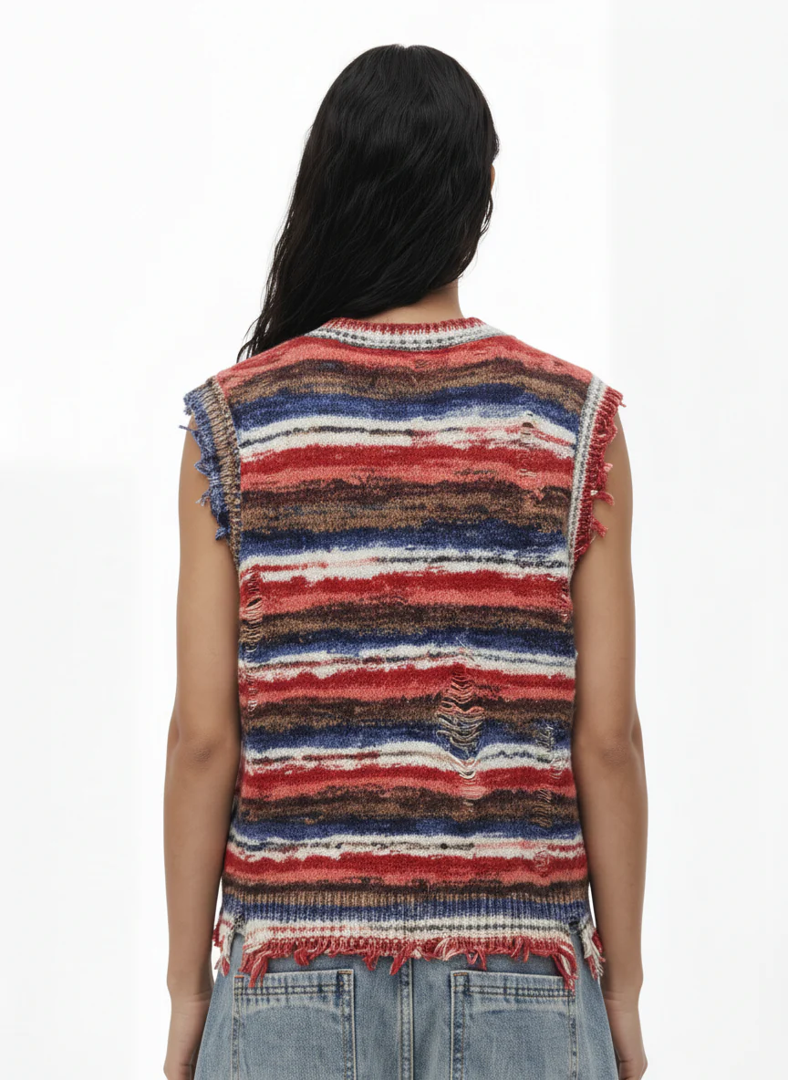 Frayed Edge Striped V Neck Knit Vest - Image 4