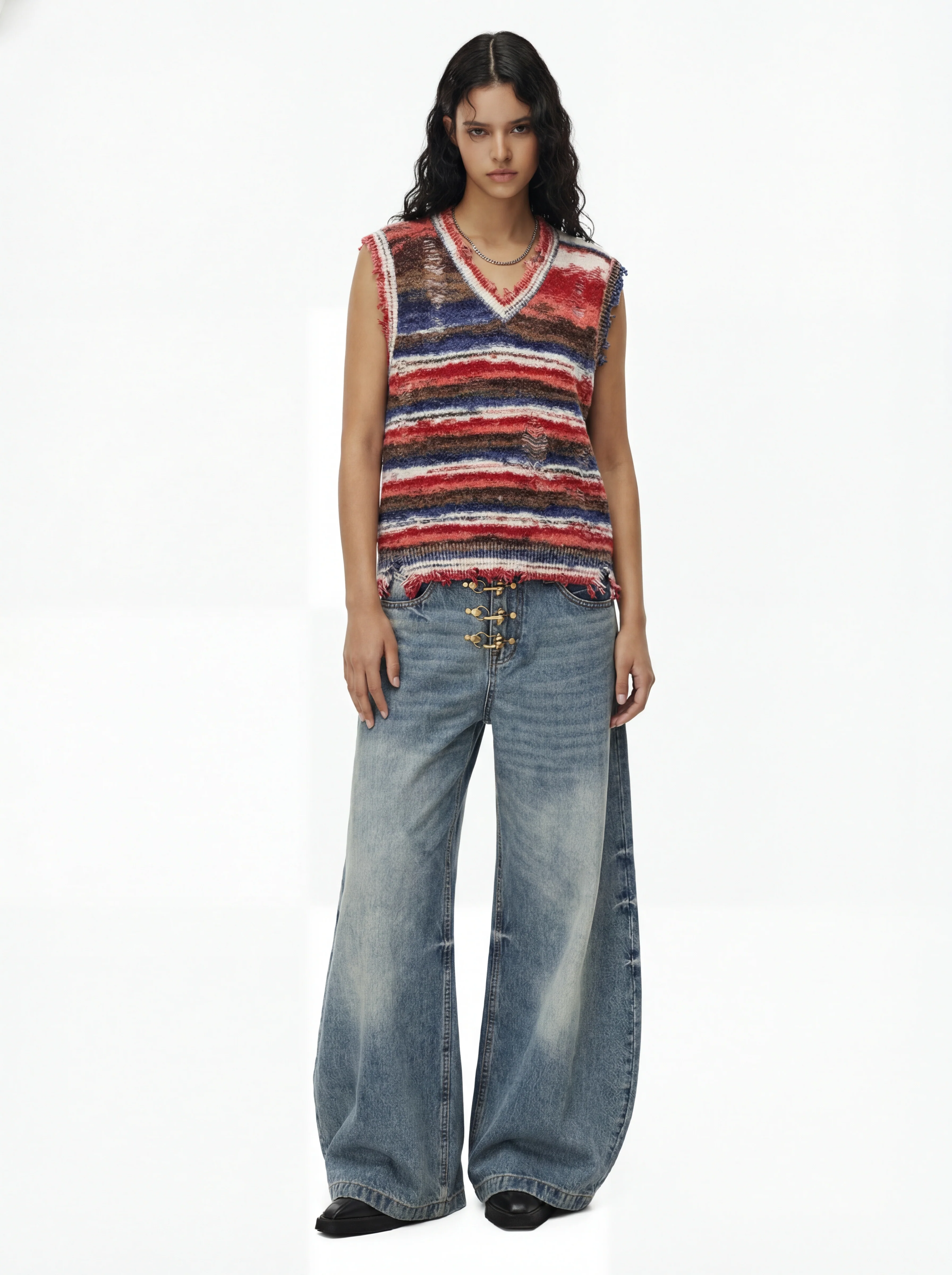 Frayed Edge Striped V Neck Knit Vest - Image 5