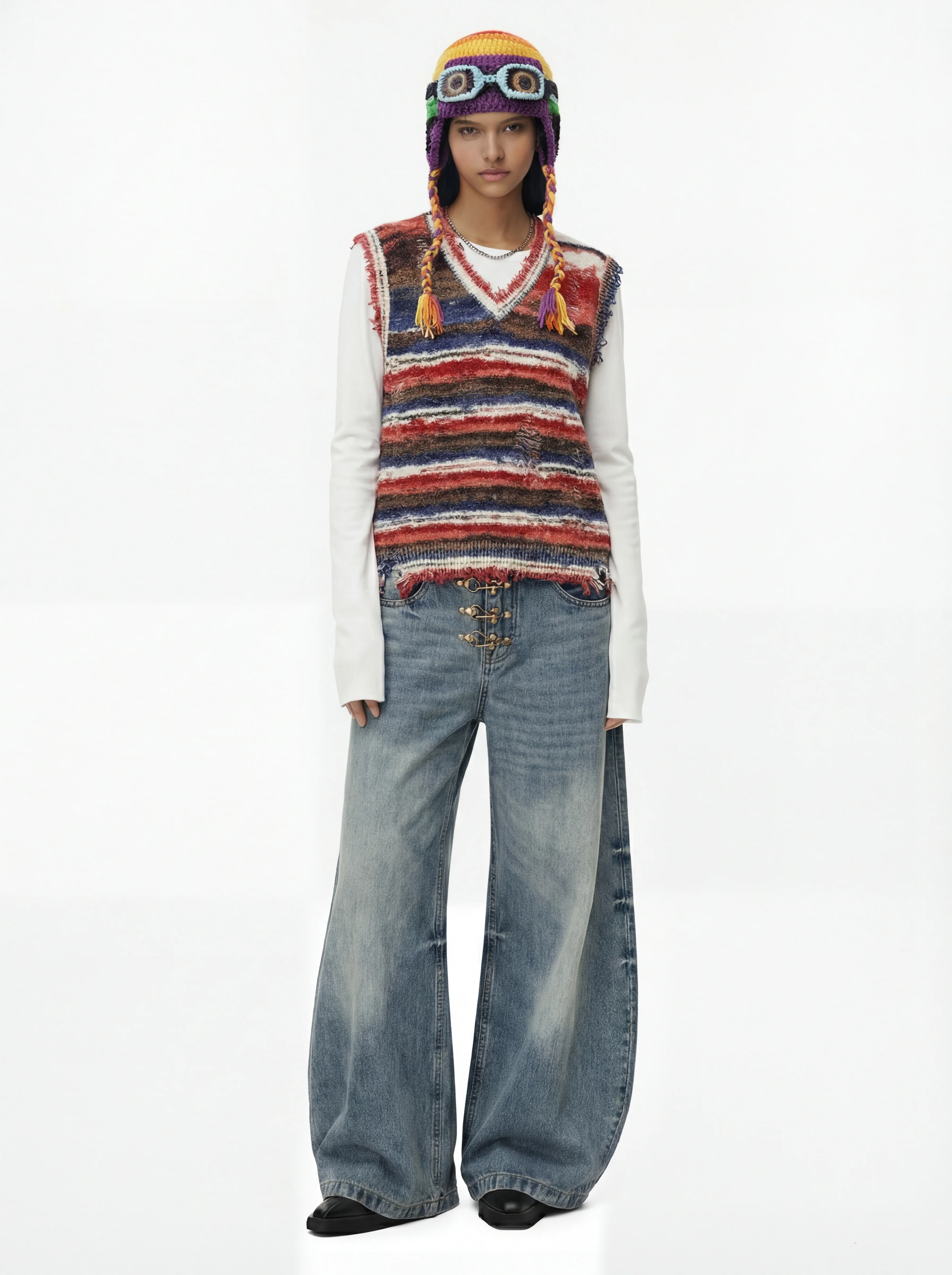 Frayed Edge Striped V Neck Knit Vest - Image 6