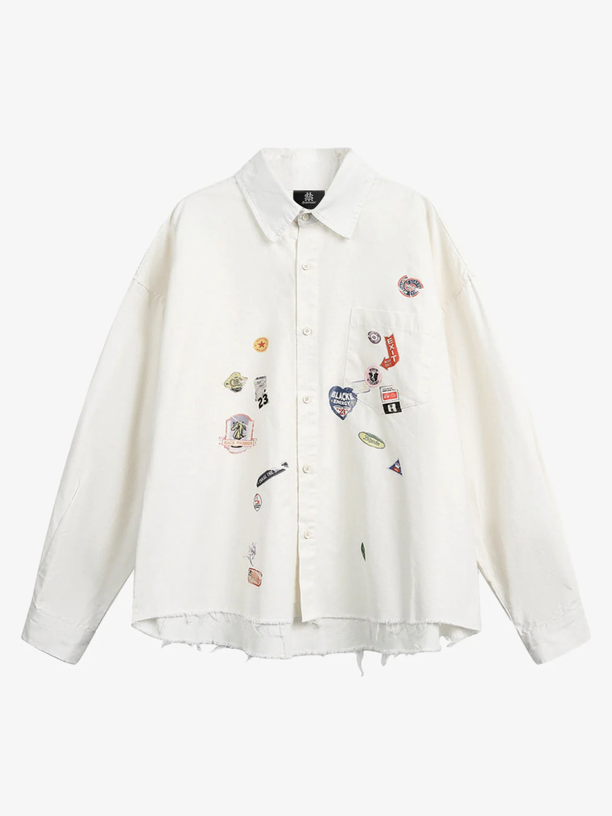 Fun Distressed Raw-Edge Printed Long-Sleeved Shirt - Image 6