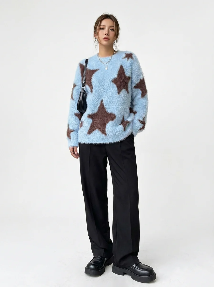 Fun Star Jacquard Sweater Crew Neck Sweater - Image 3