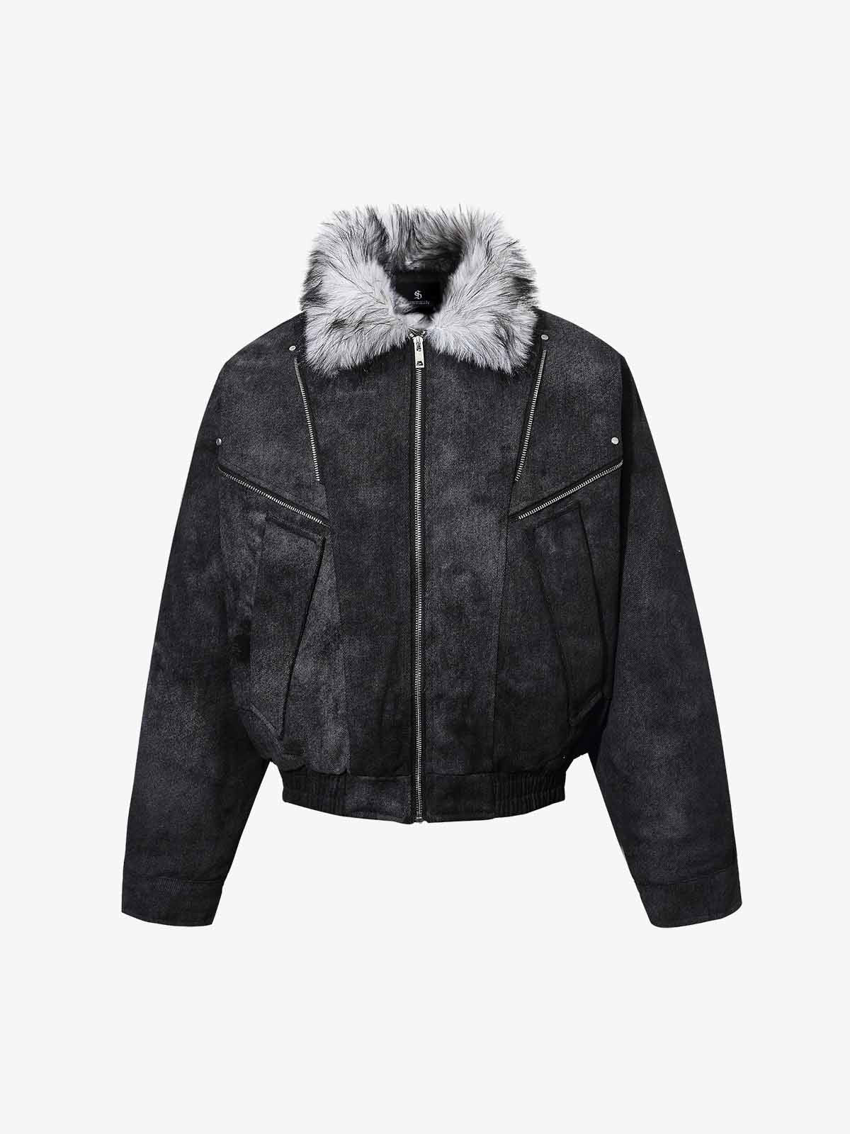 Fur Collar Moto-Style Zip Up Bomber Jacket - Image 2