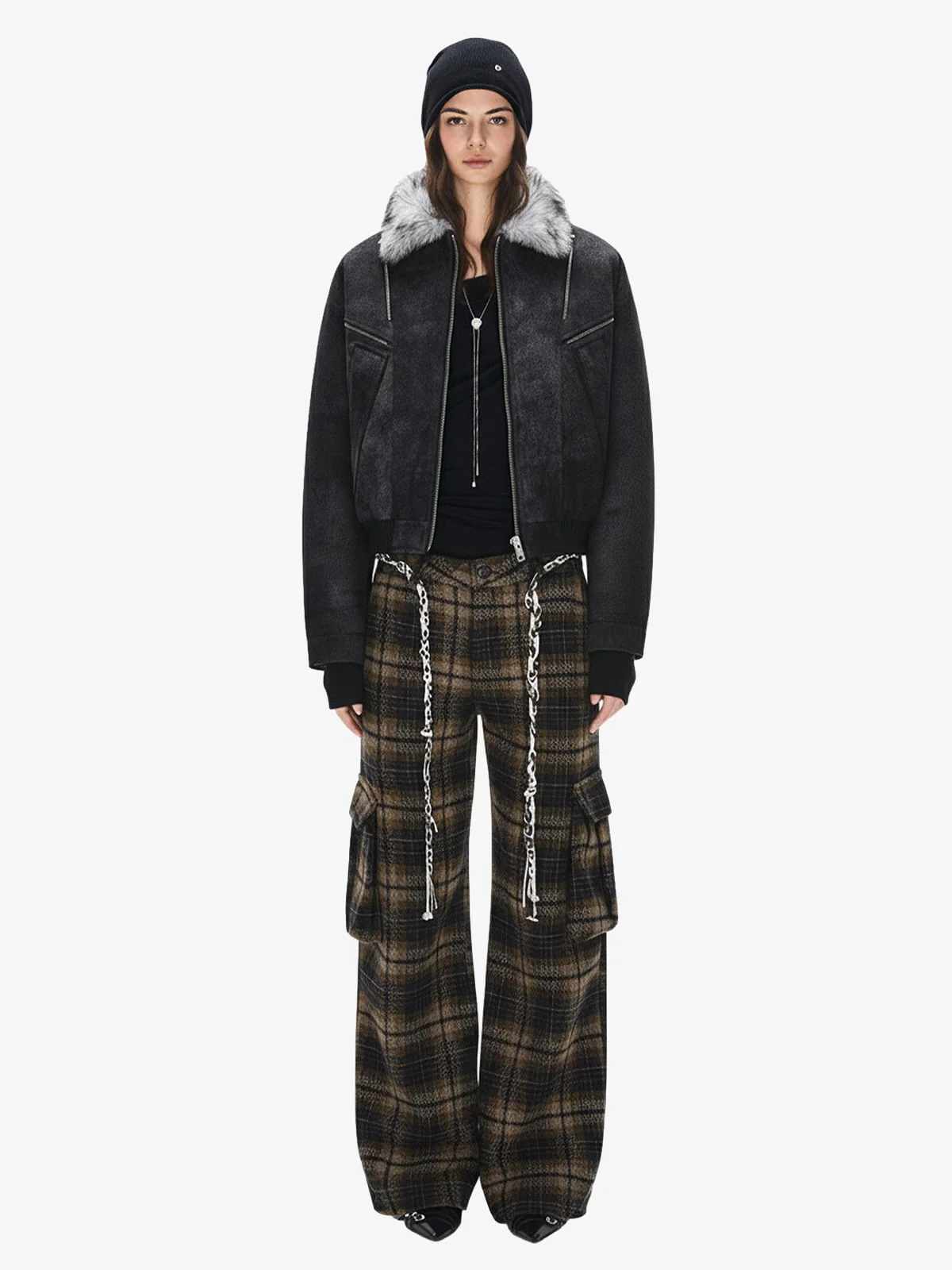 Fur Collar Moto-Style Zip Up Bomber Jacket - Image 4