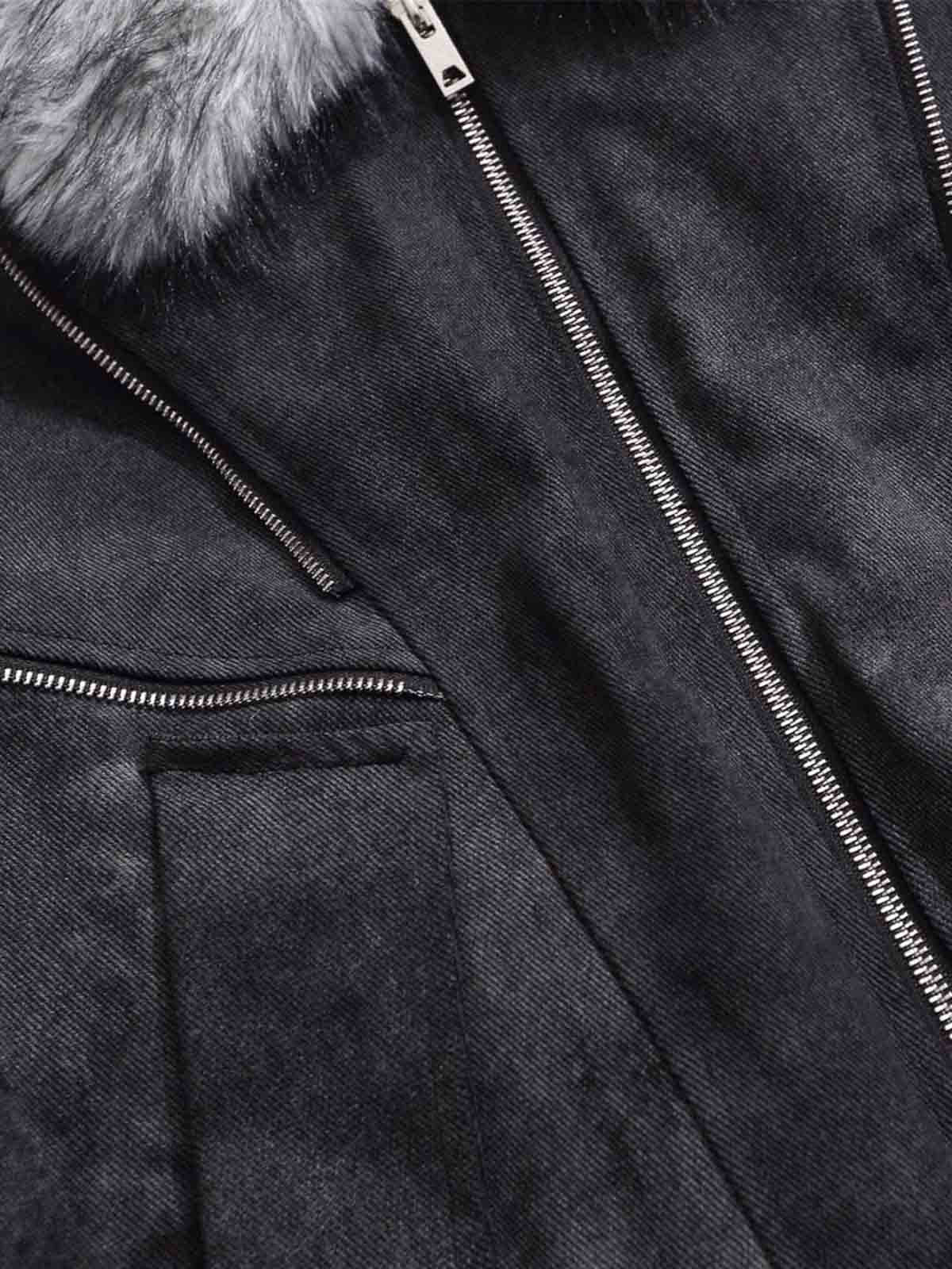 Fur Collar Moto-Style Zip Up Bomber Jacket - Image 9