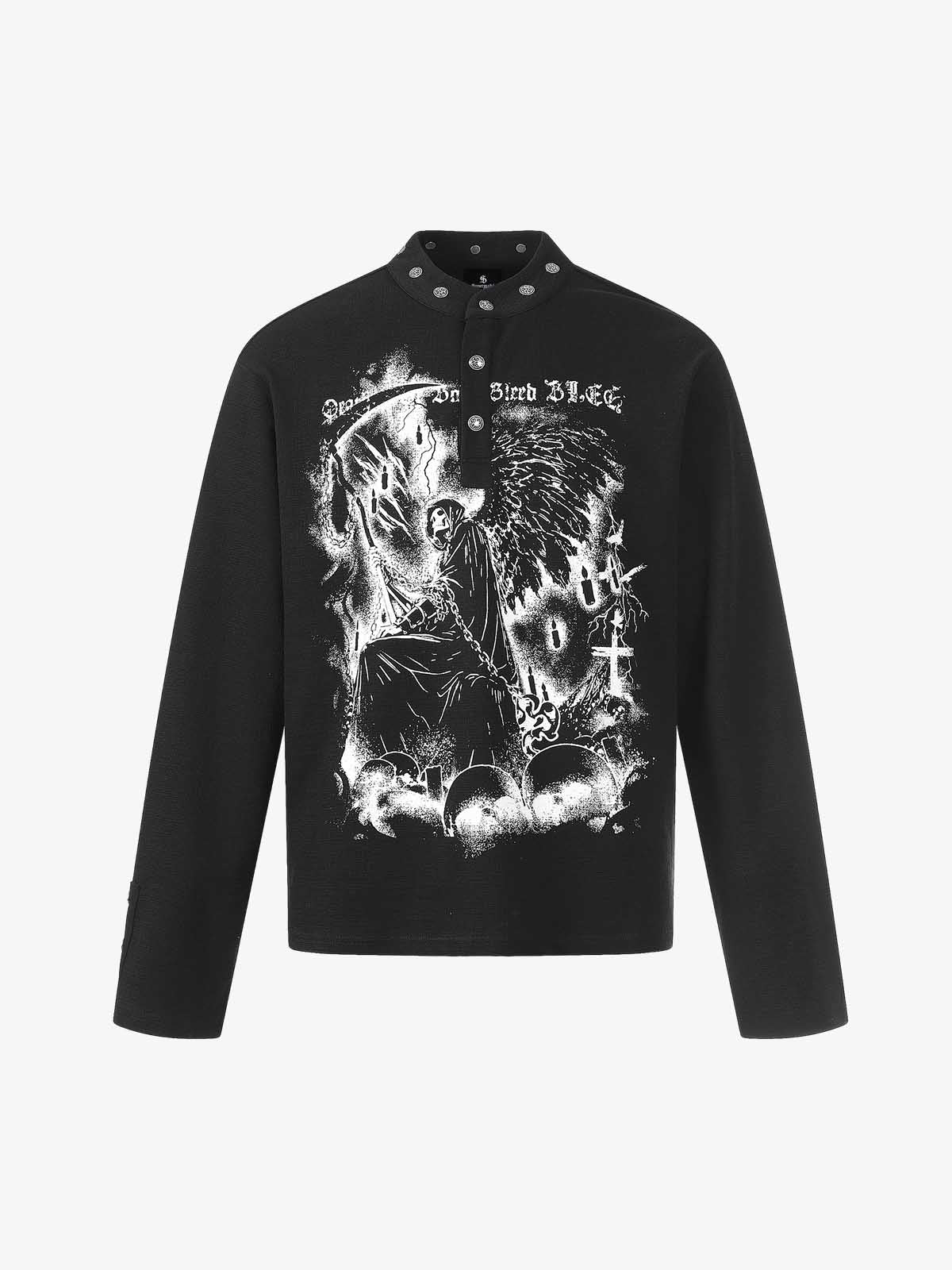 Gothic Angel Skull Graphic Studded Collar Long Sleeve T-Shirt