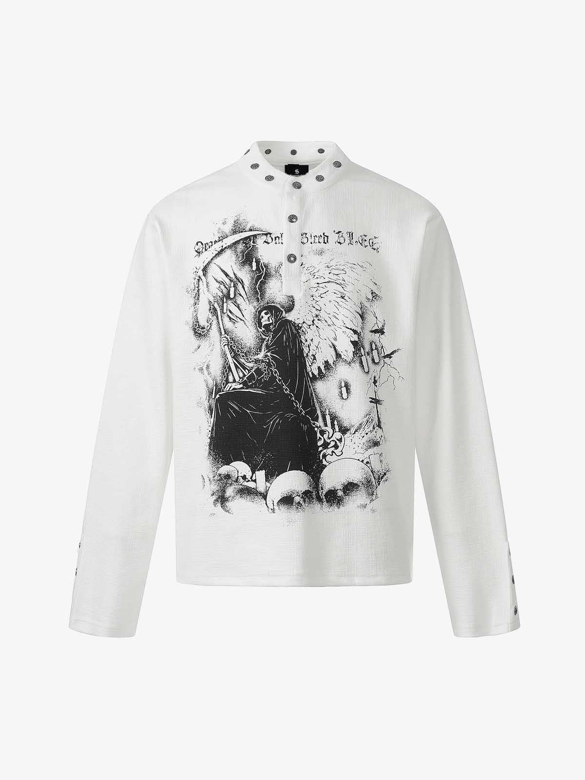 Gothic Angel Skull Graphic Studded Collar Long Sleeve T-Shirt - Image 2