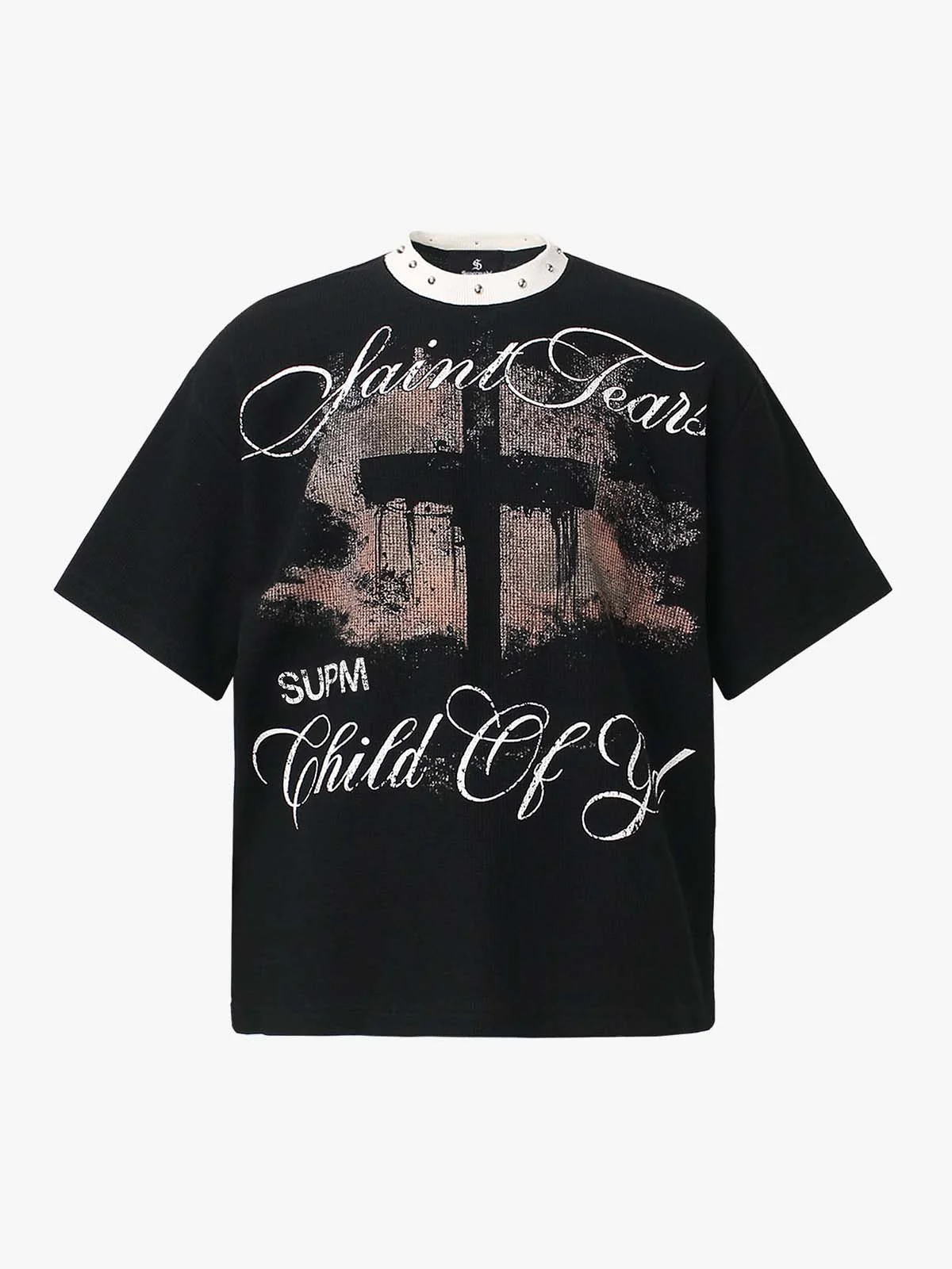 Gothic Cross Print Studded Collar Waffle Knit Graphic T-Shirt