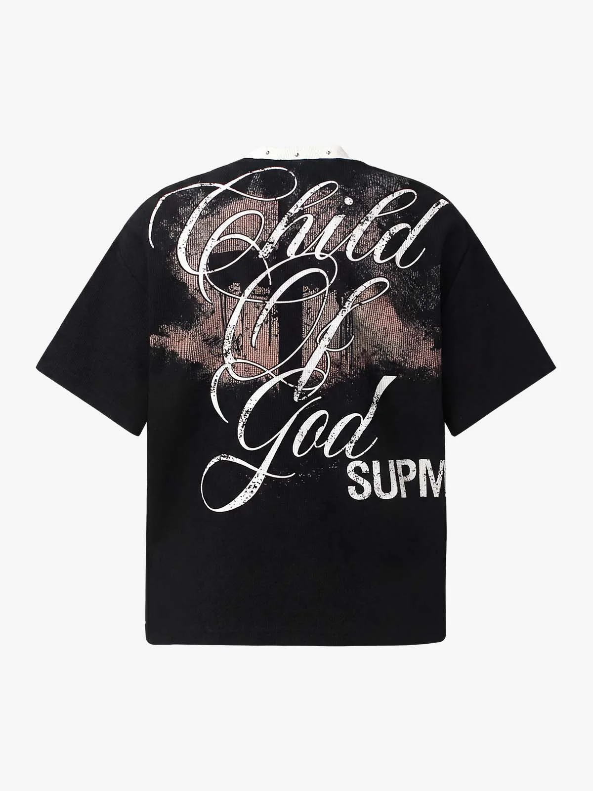 Gothic Cross Print Studded Collar Waffle Knit Graphic T-Shirt - Image 2