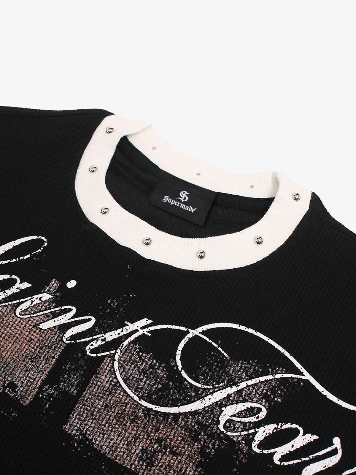 Gothic Cross Print Studded Collar Waffle Knit Graphic T-Shirt - Image 3