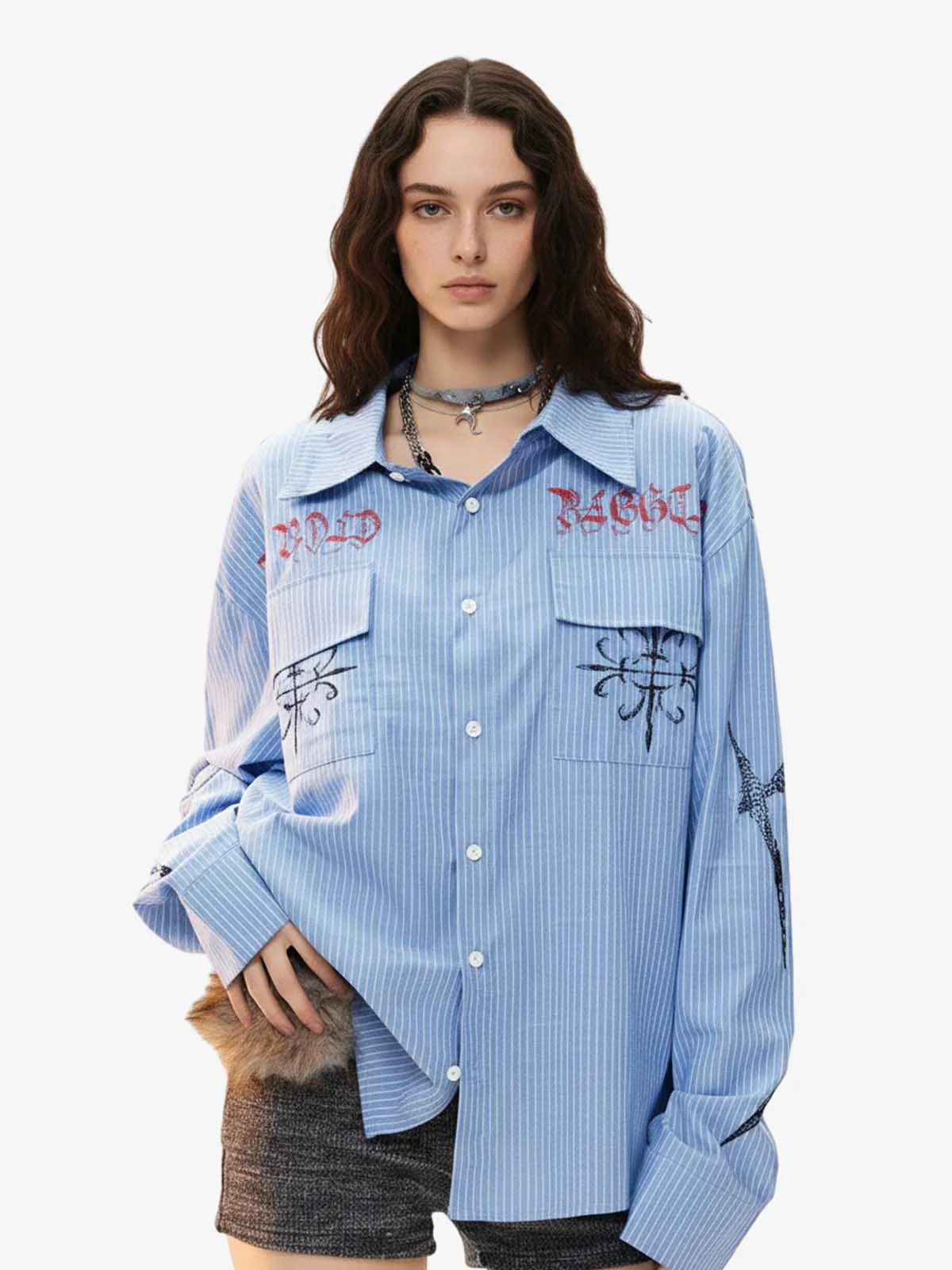 Gothic Embroidered Pinstripe Button-Up Shirt - Image 3