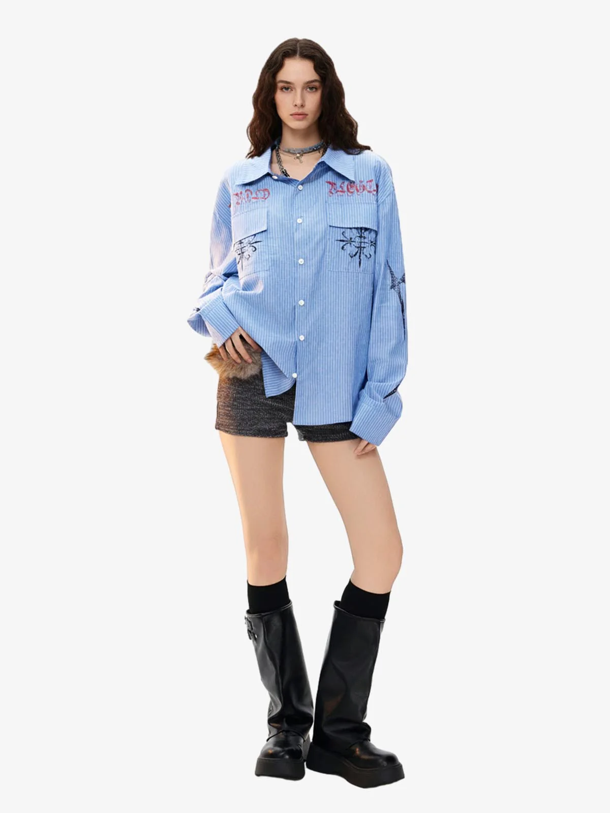 Gothic Embroidered Pinstripe Button-Up Shirt - Image 6