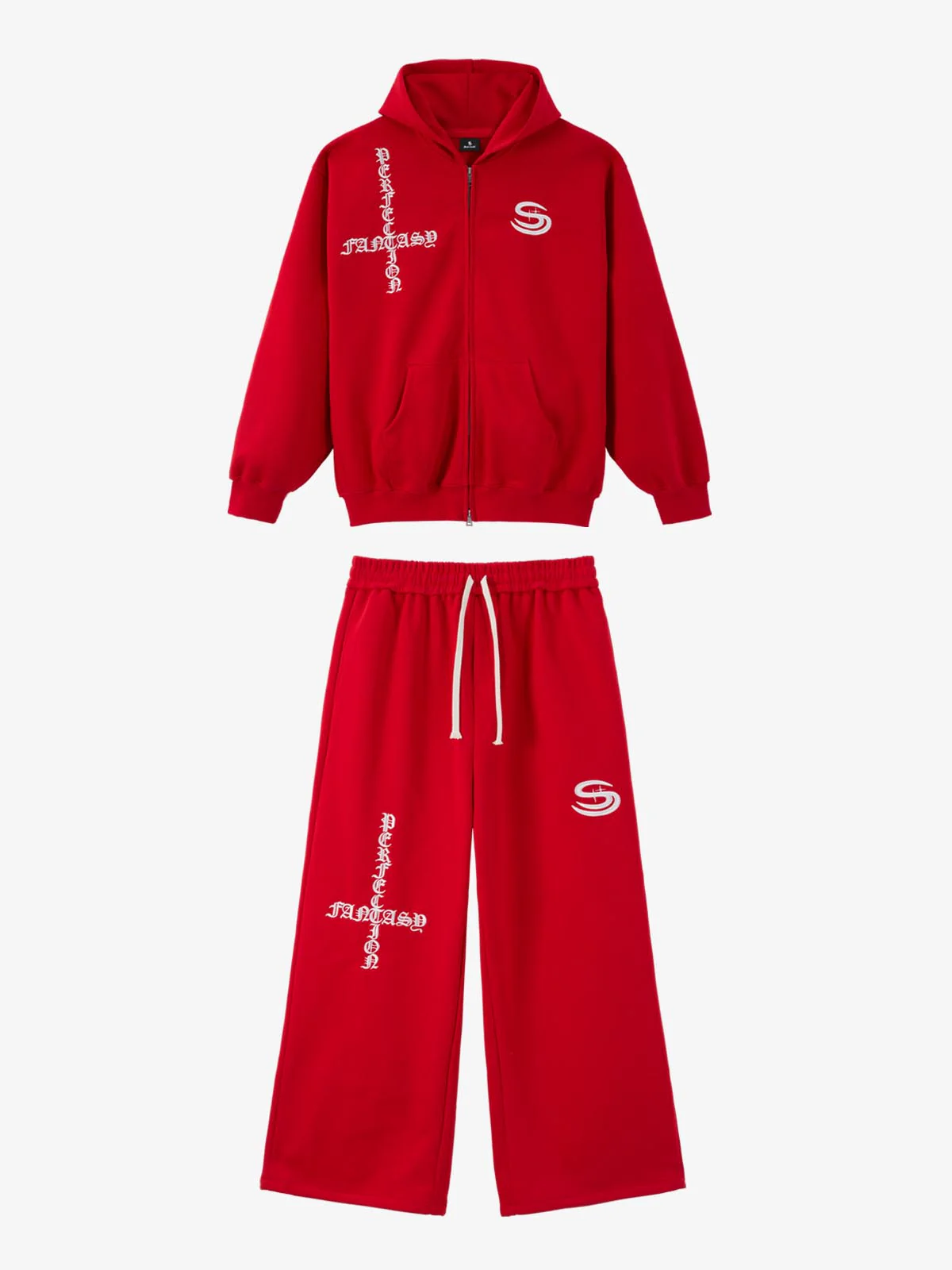 Gothic Letter Cross Embroidery Zip Up Hoodie and Sweatpants Set - Image 2