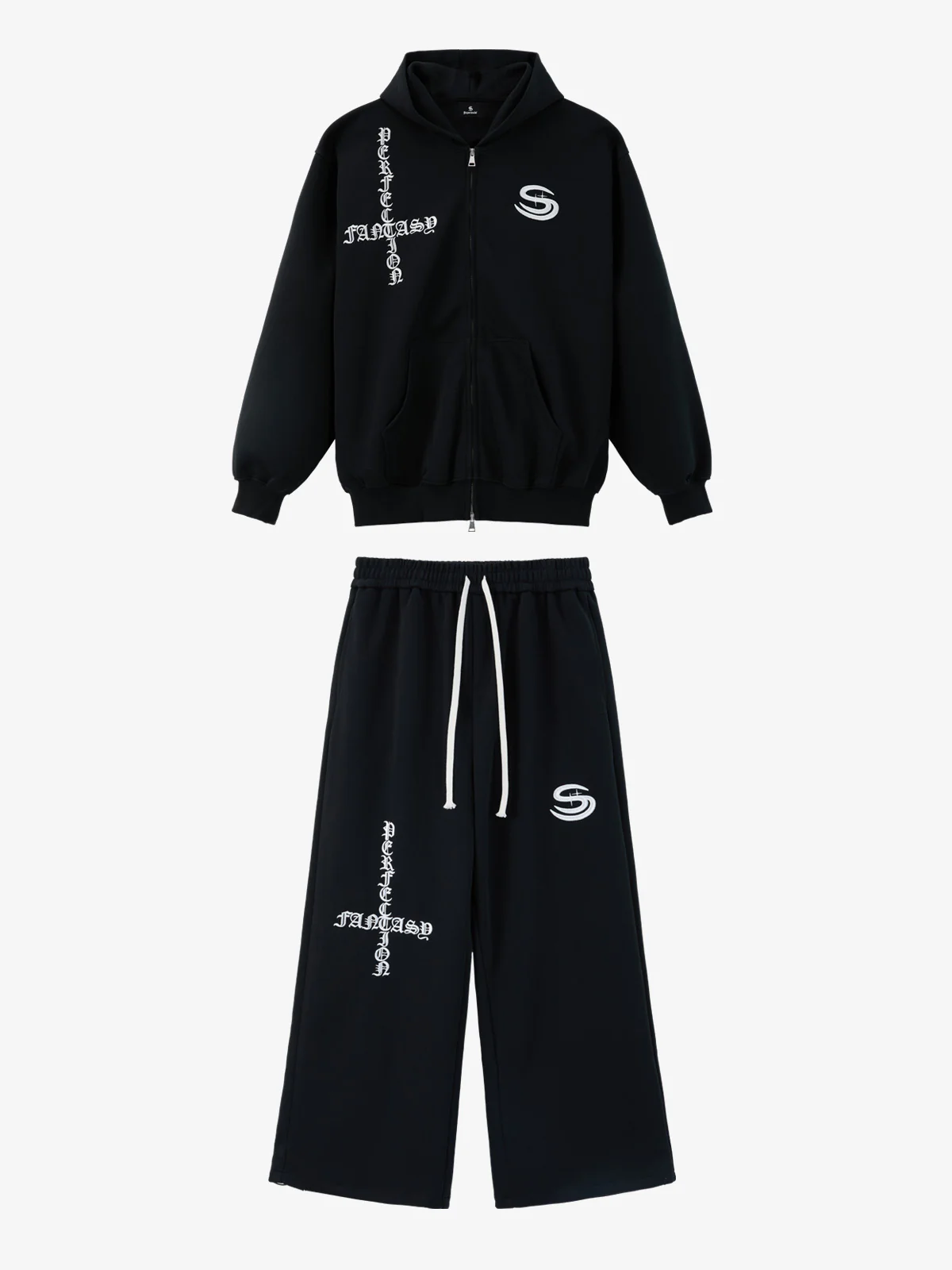 Gothic Letter Cross Embroidery Zip Up Hoodie and Sweatpants Set - Image 3