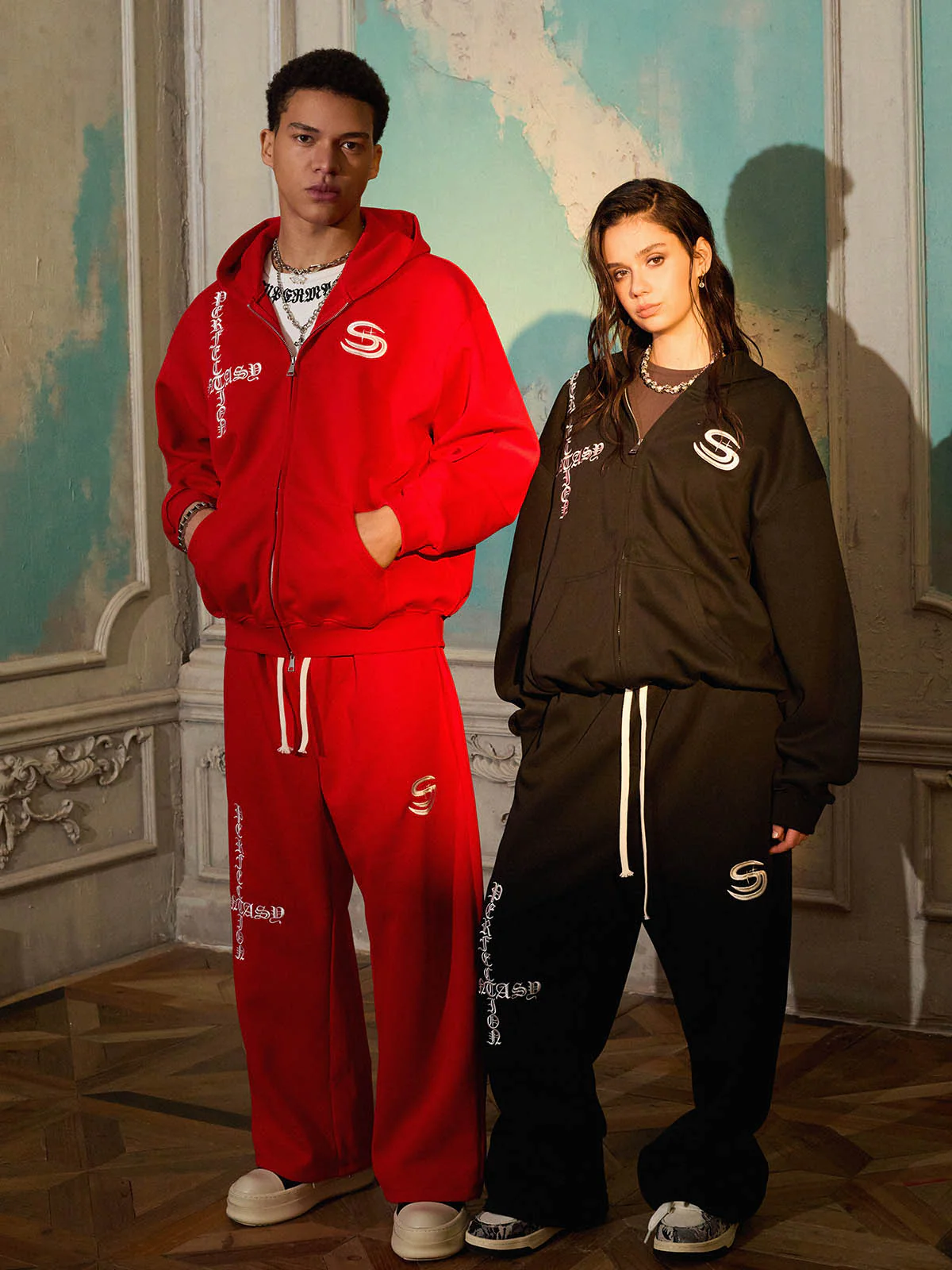 Gothic Letter Cross Embroidery Zip Up Hoodie and Sweatpants Set - Image 4