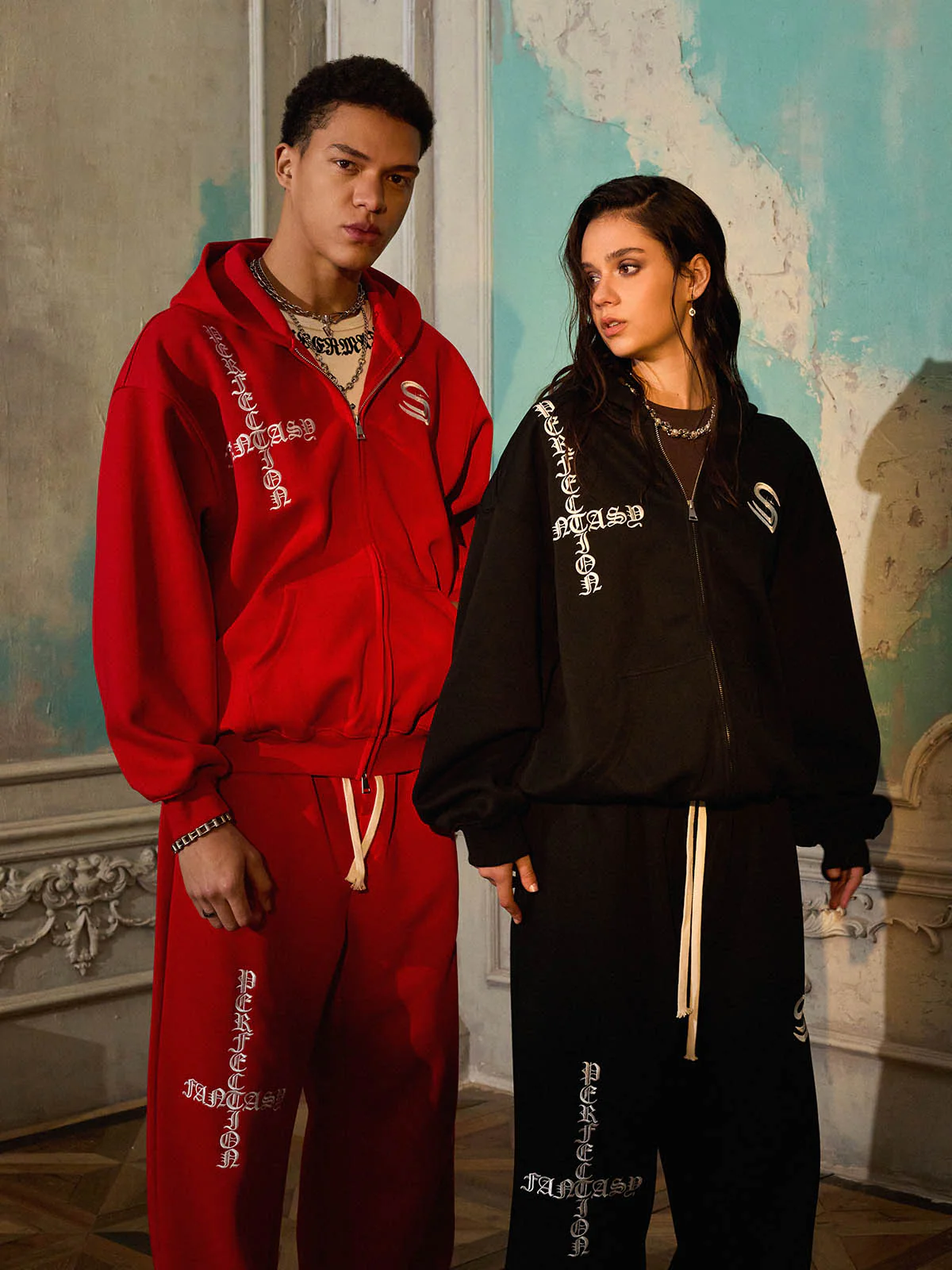 Gothic Letter Cross Embroidery Zip Up Hoodie and Sweatpants Set - Image 5