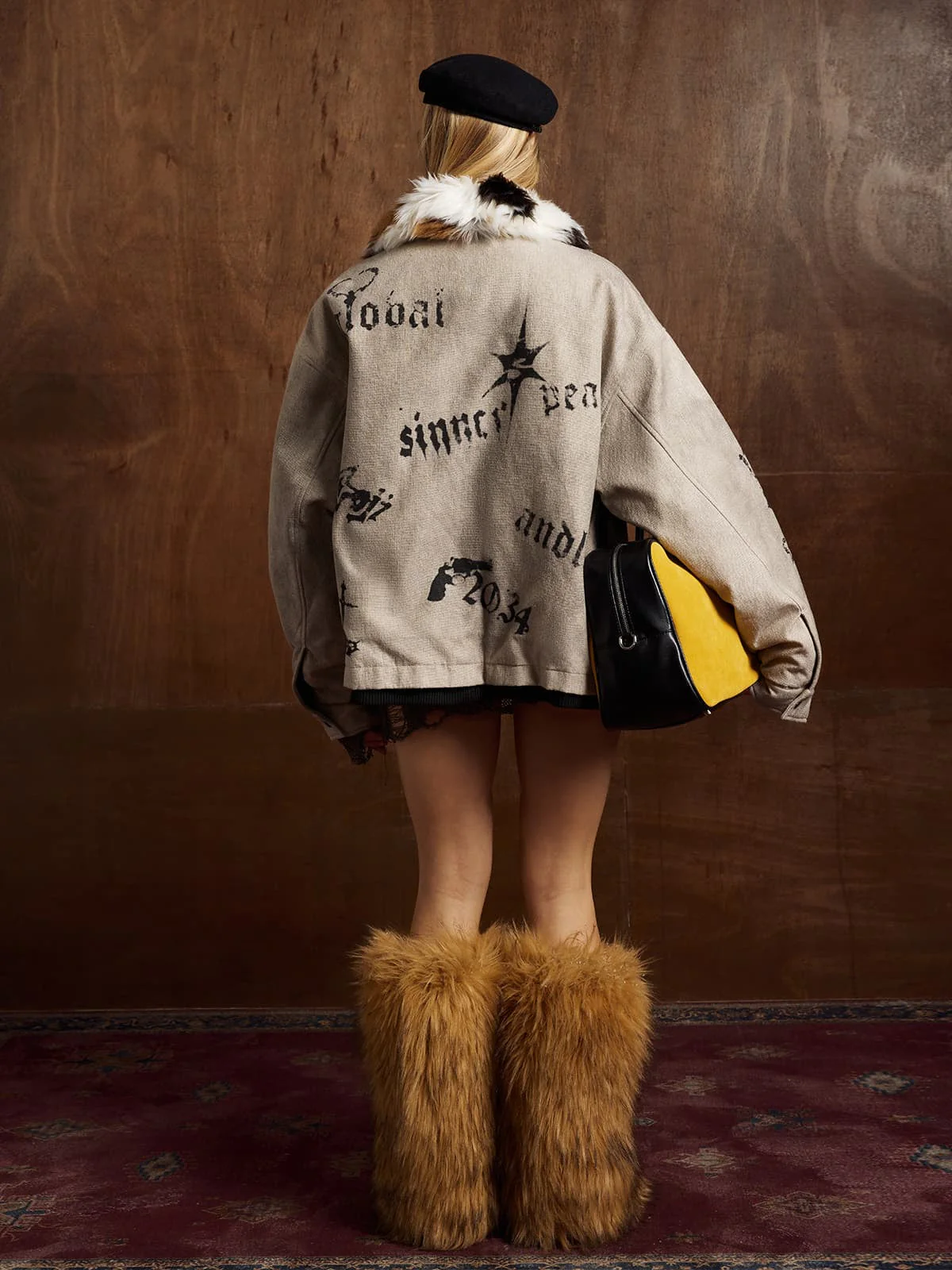 Gothic Letter Print Fur Collar Quilted Cotton Jacket - 2515 - Image 3