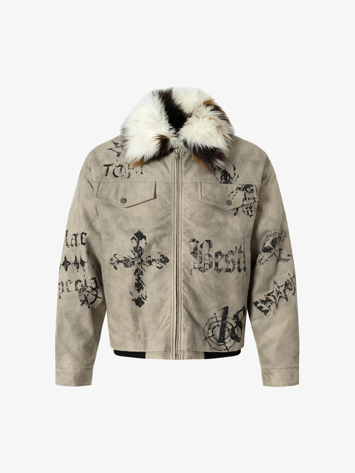 Gothic Letter Print Fur Collar Quilted Cotton Jacket - 2515 - Image 7