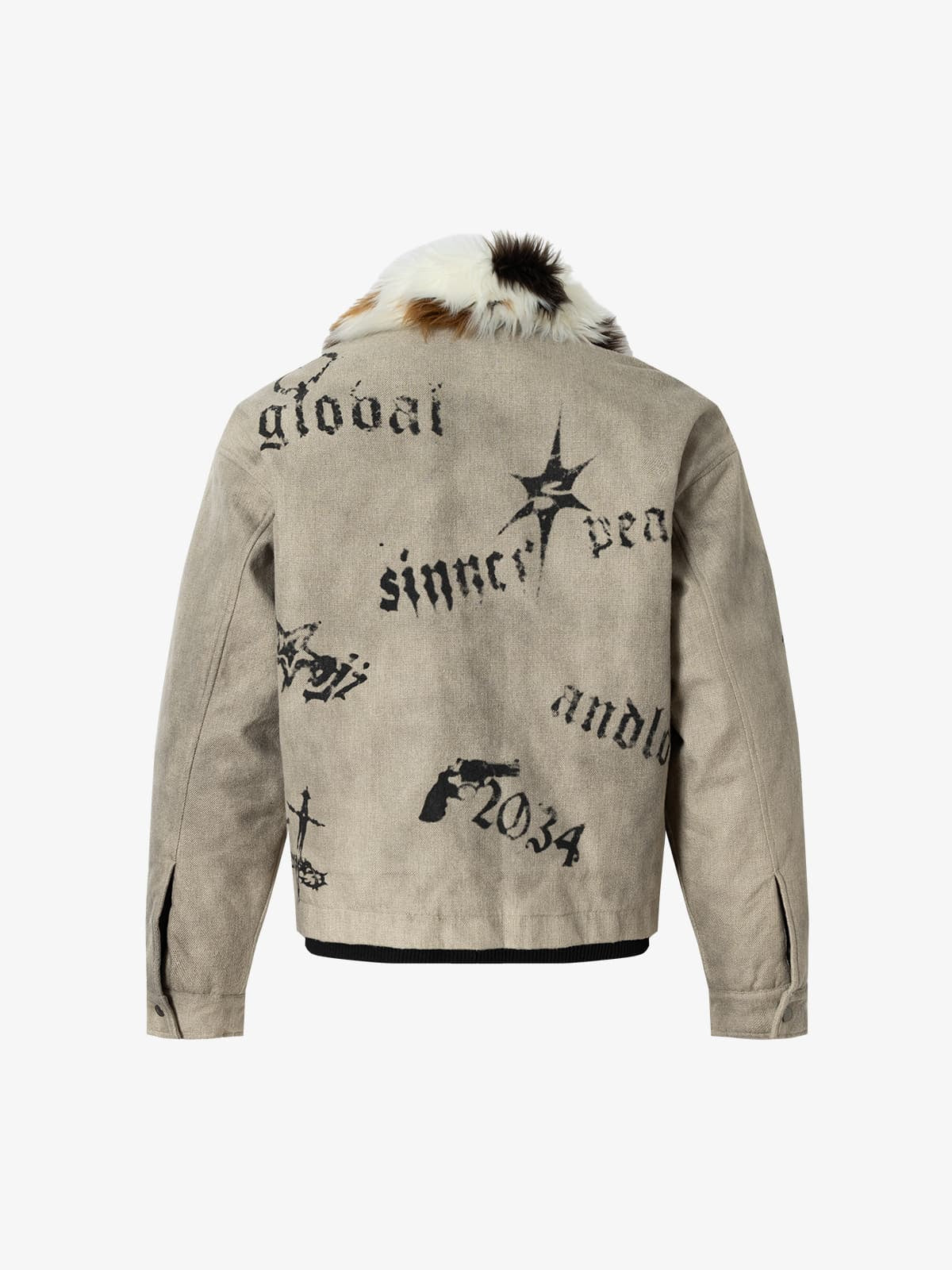 Gothic Letter Print Fur Collar Quilted Cotton Jacket - 2515 - Image 8