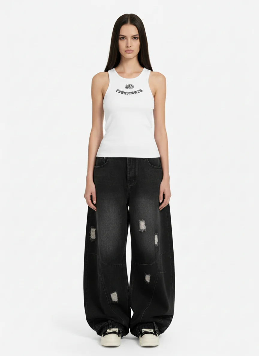 Gothic Lettering Embroidered Ribbed Vest - Image 3