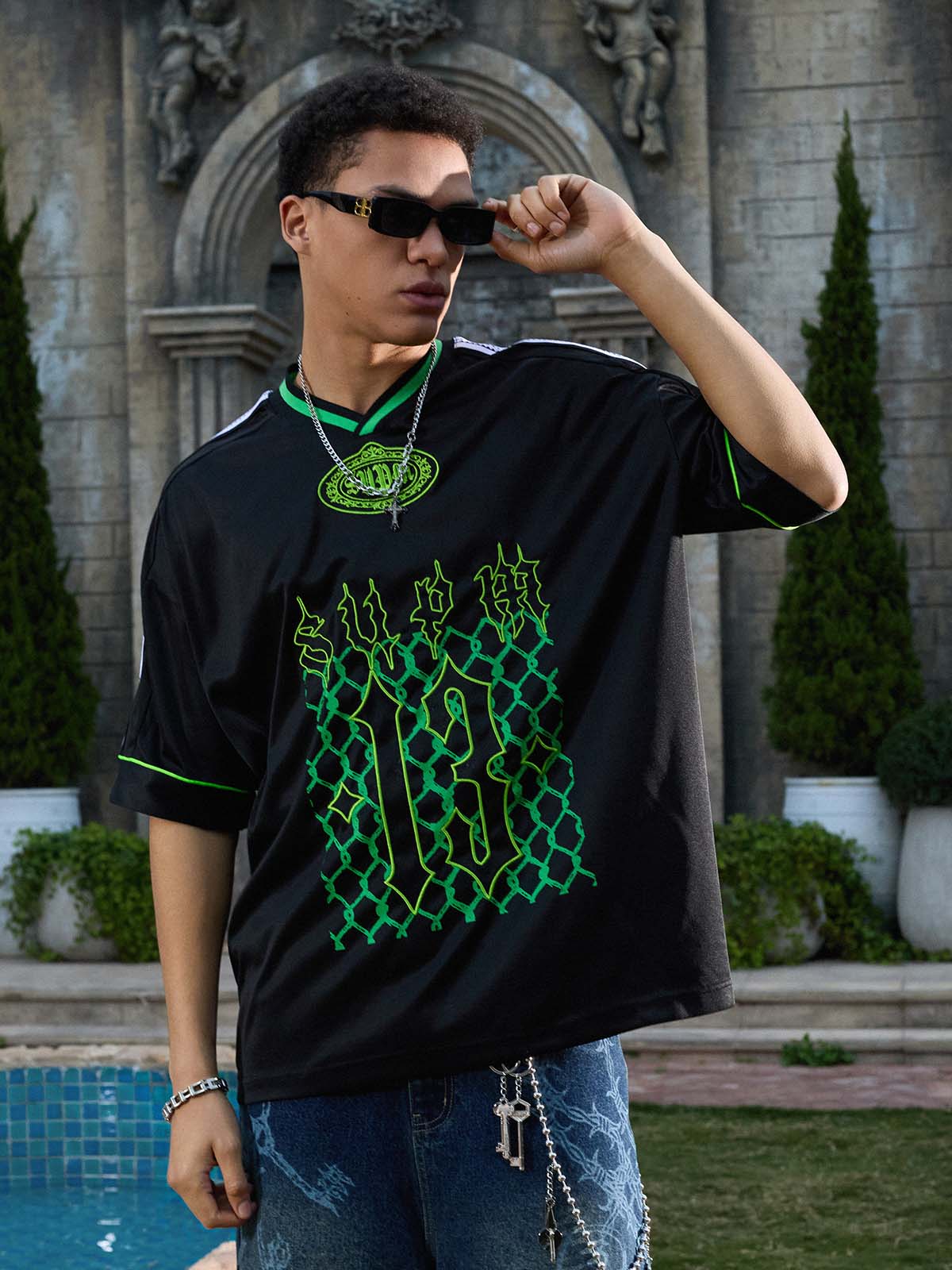 Gothic Number Embroidered Mesh Panel V-Neck Jersey T-Shirt - Image 11