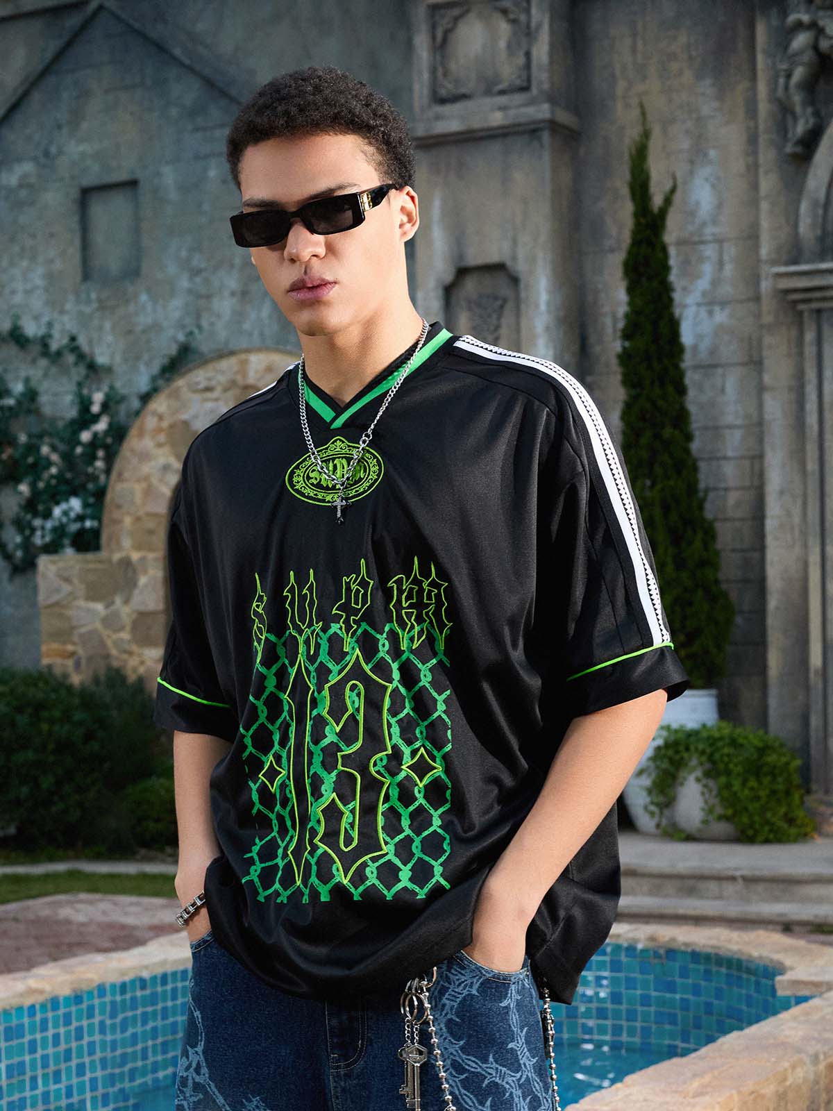Gothic Number Embroidered Mesh Panel V-Neck Jersey T-Shirt - Image 12