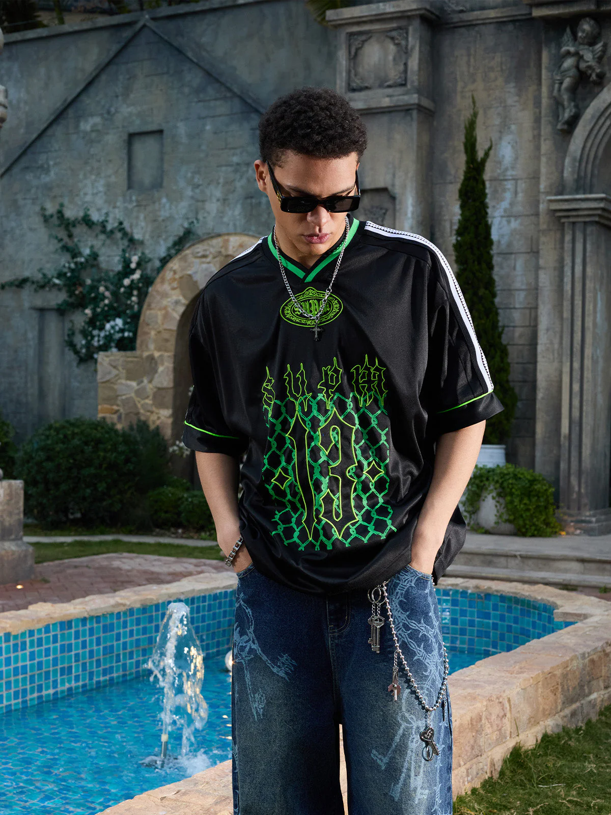 Gothic Number Embroidered Mesh Panel V-Neck Jersey T-Shirt - Image 13