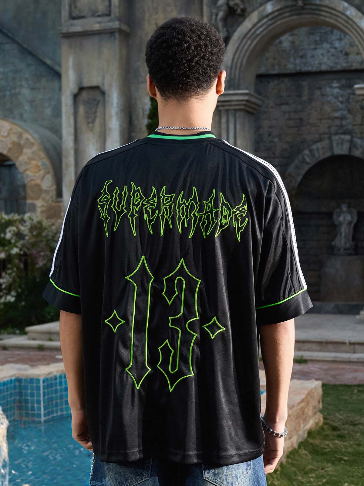 Gothic Number Embroidered Mesh Panel V-Neck Jersey T-Shirt - Image 14