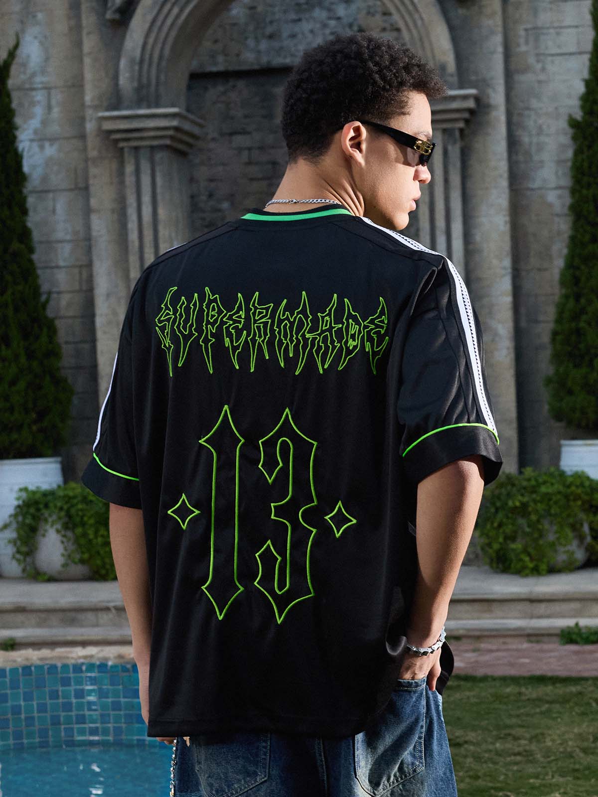 Gothic Number Embroidered Mesh Panel V-Neck Jersey T-Shirt - Image 15