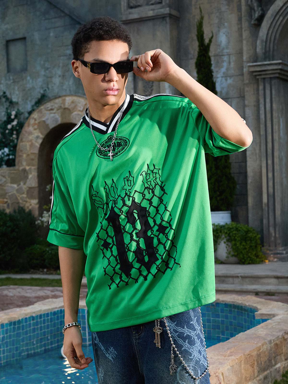 Gothic Number Embroidered Mesh Panel V-Neck Jersey T-Shirt - Image 17
