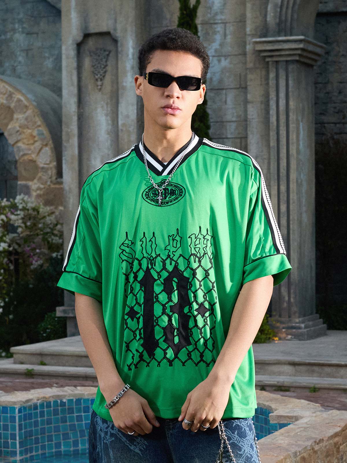 Gothic Number Embroidered Mesh Panel V-Neck Jersey T-Shirt - Image 18