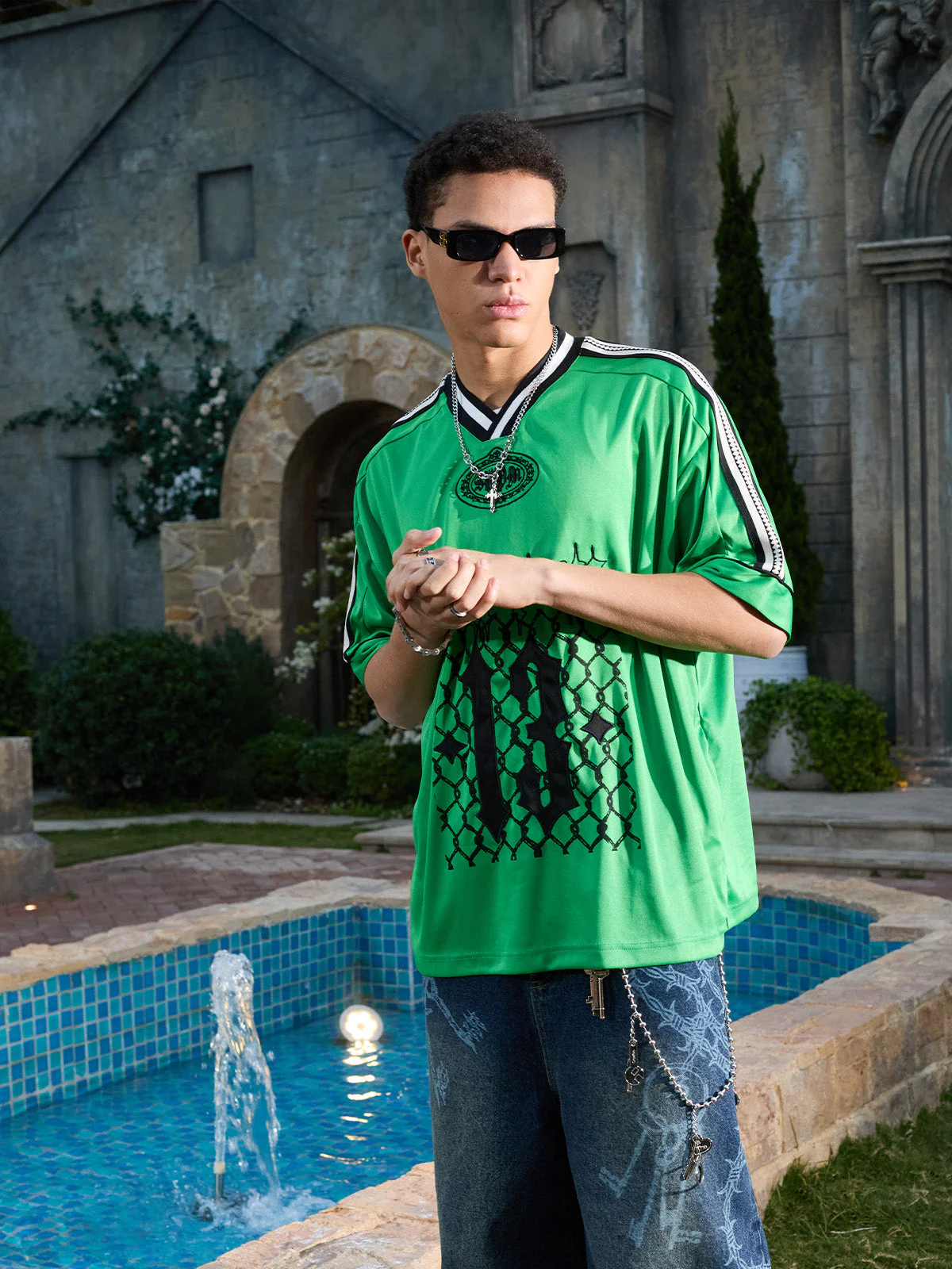 Gothic Number Embroidered Mesh Panel V-Neck Jersey T-Shirt - Image 19