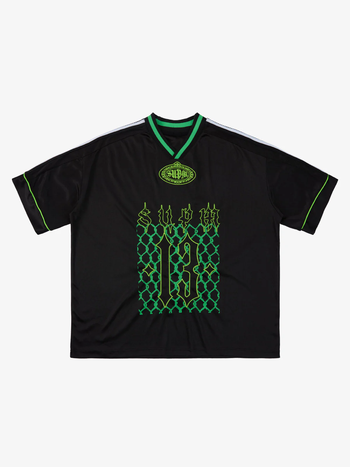 Gothic Number Embroidered Mesh Panel V-Neck Jersey T-Shirt - Image 2
