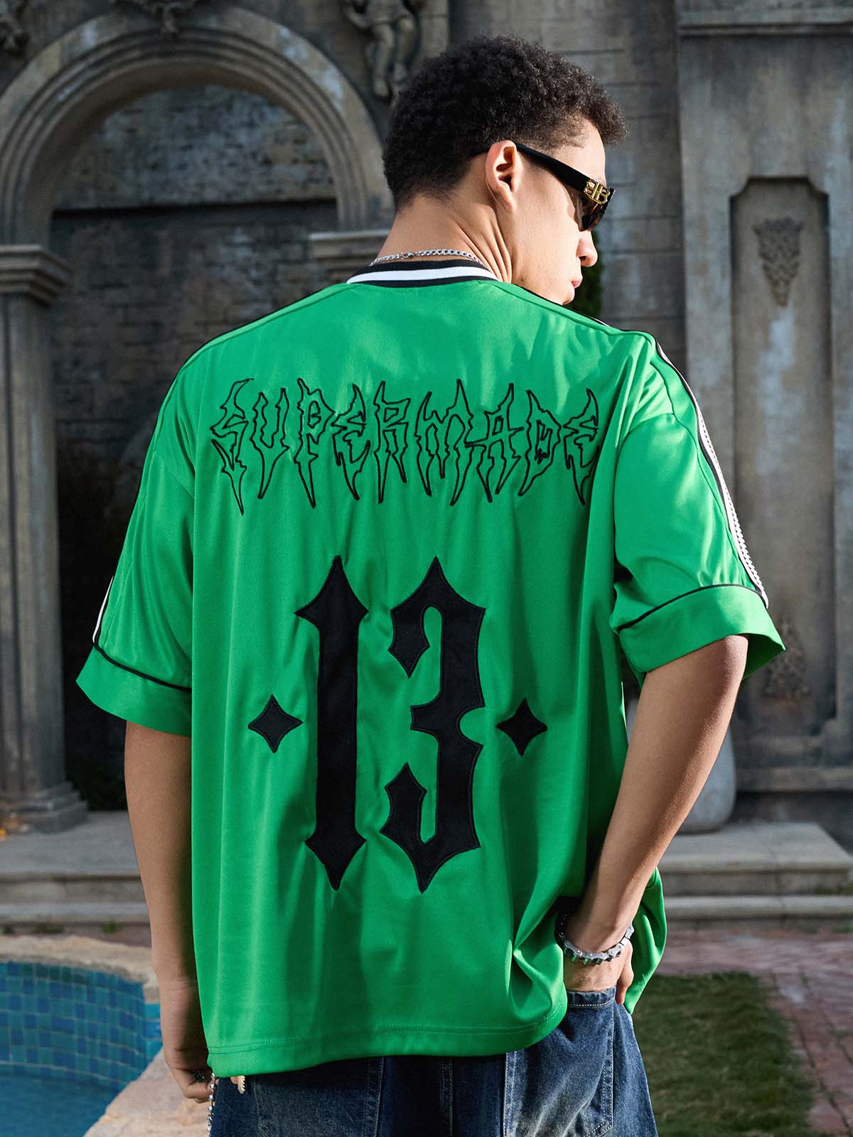 Gothic Number Embroidered Mesh Panel V-Neck Jersey T-Shirt - Image 20