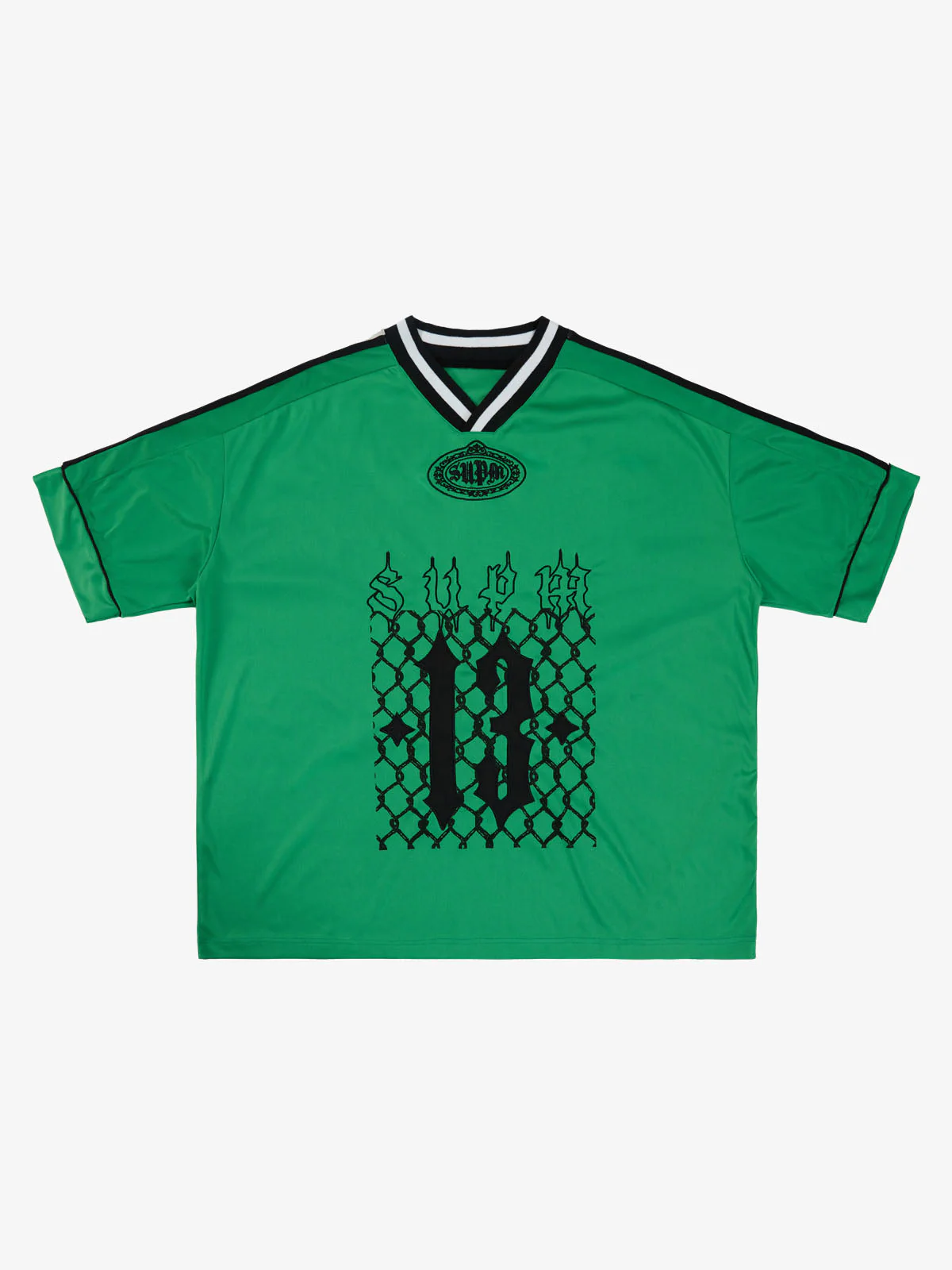 Gothic Number Embroidered Mesh Panel V-Neck Jersey T-Shirt - Image 3