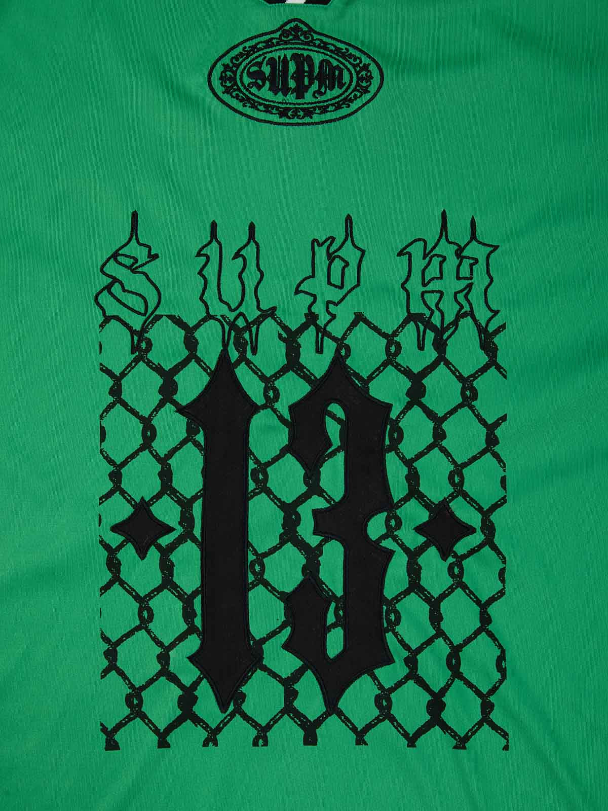 Gothic Number Embroidered Mesh Panel V-Neck Jersey T-Shirt - Image 32