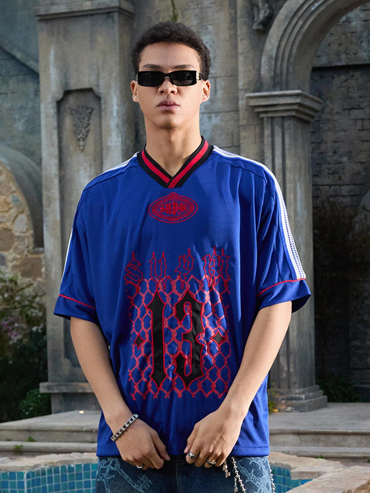 Gothic Number Embroidered Mesh Panel V-Neck Jersey T-Shirt - Image 6
