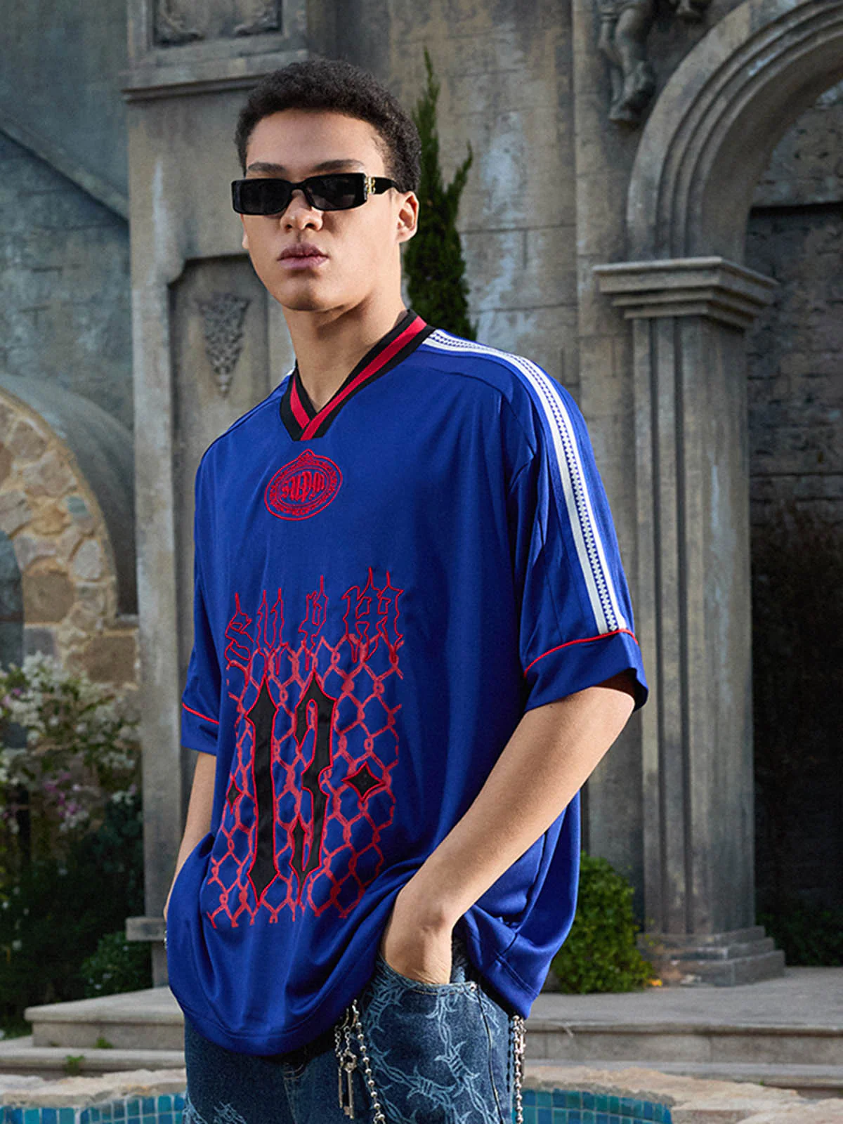 Gothic Number Embroidered Mesh Panel V-Neck Jersey T-Shirt - Image 7
