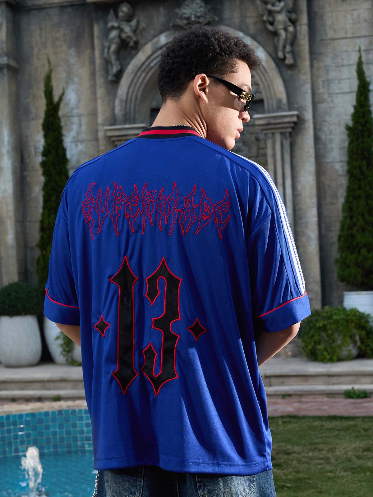 Gothic Number Embroidered Mesh Panel V-Neck Jersey T-Shirt - Image 8