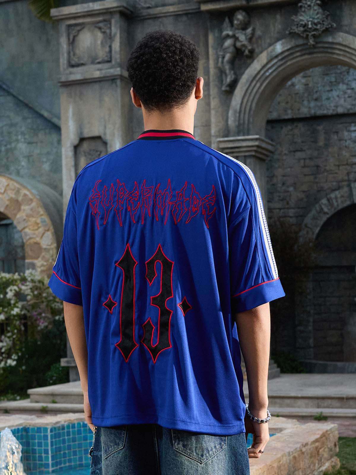 Gothic Number Embroidered Mesh Panel V-Neck Jersey T-Shirt - Image 9