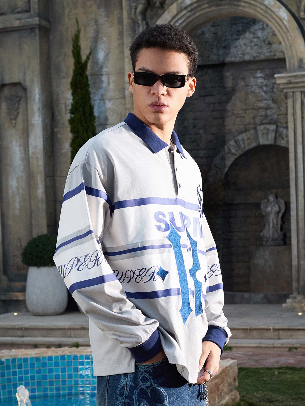 Gothic Number Stripe Rugby Collar Sweatshirt - Image 10
