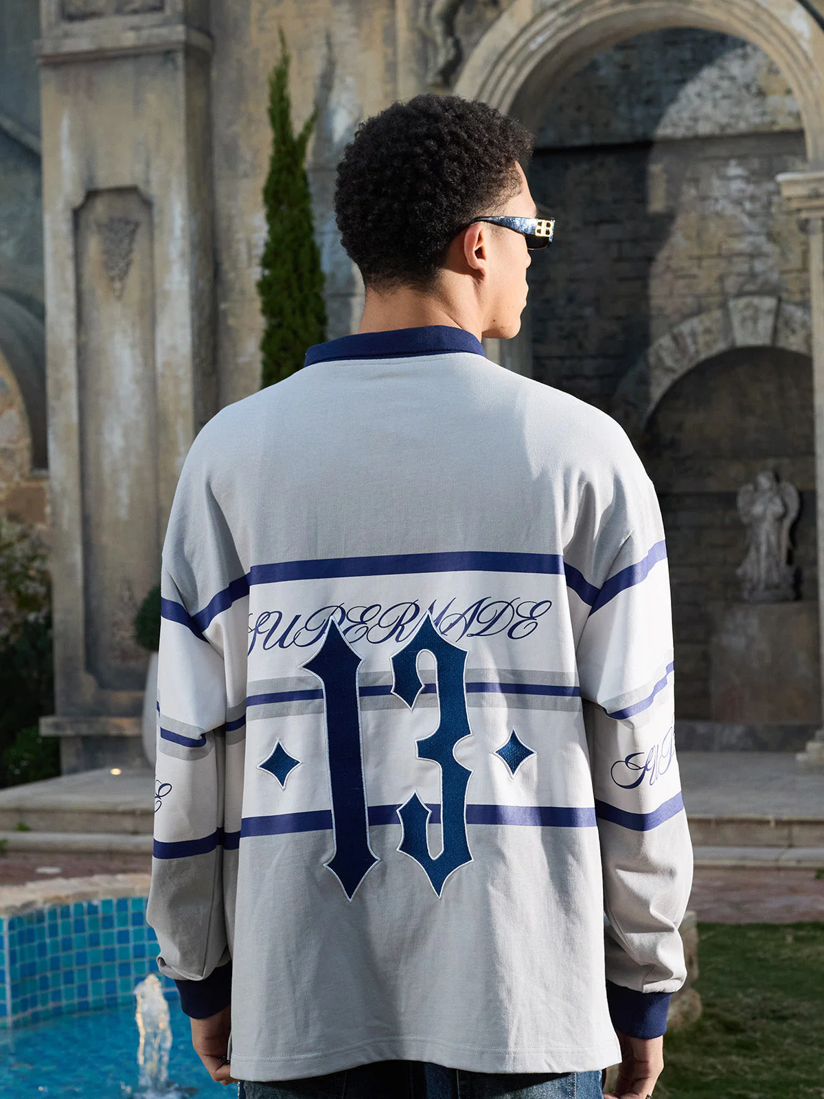 Gothic Number Stripe Rugby Collar Sweatshirt - Image 12