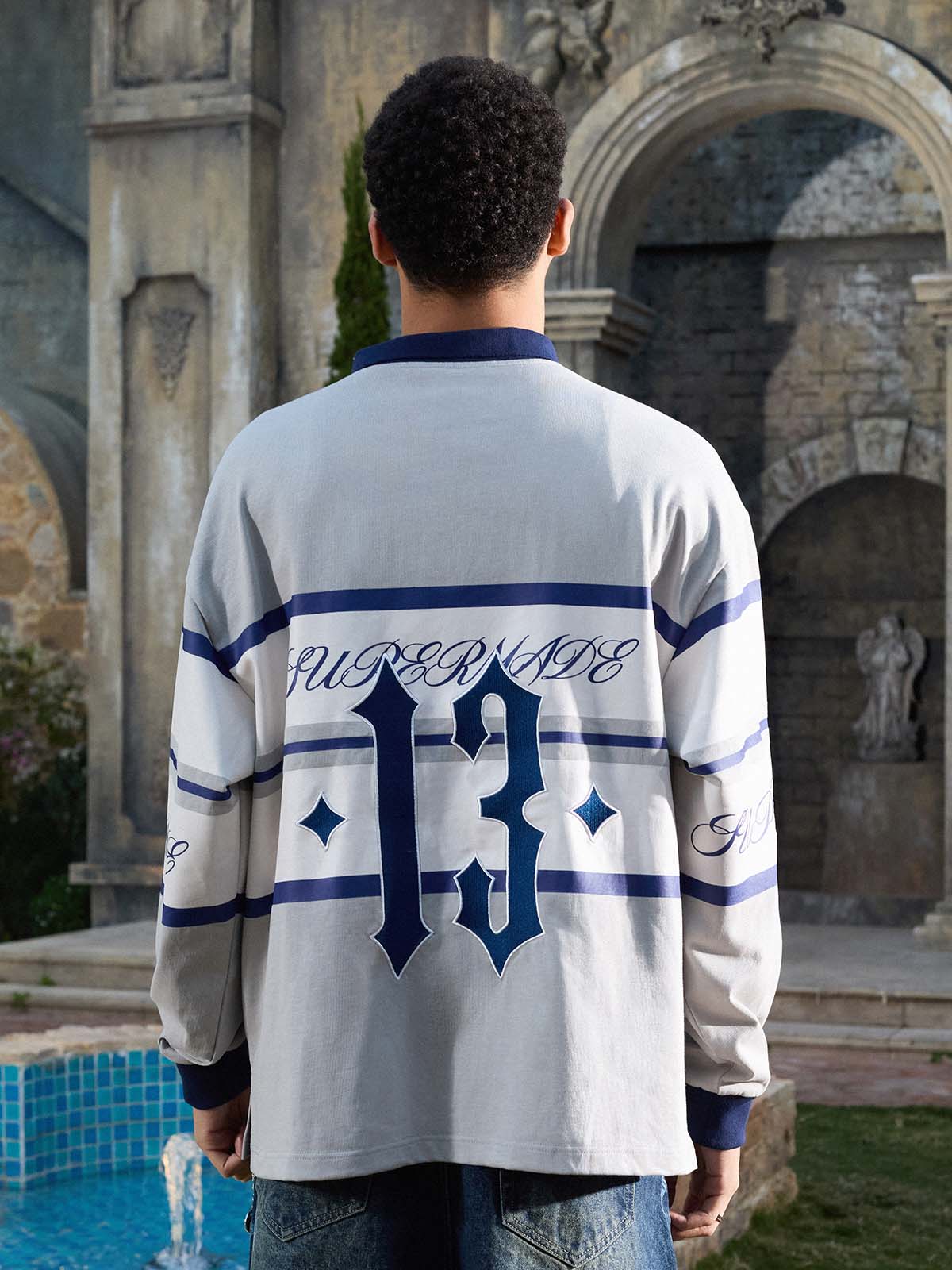 Gothic Number Stripe Rugby Collar Sweatshirt - Image 13
