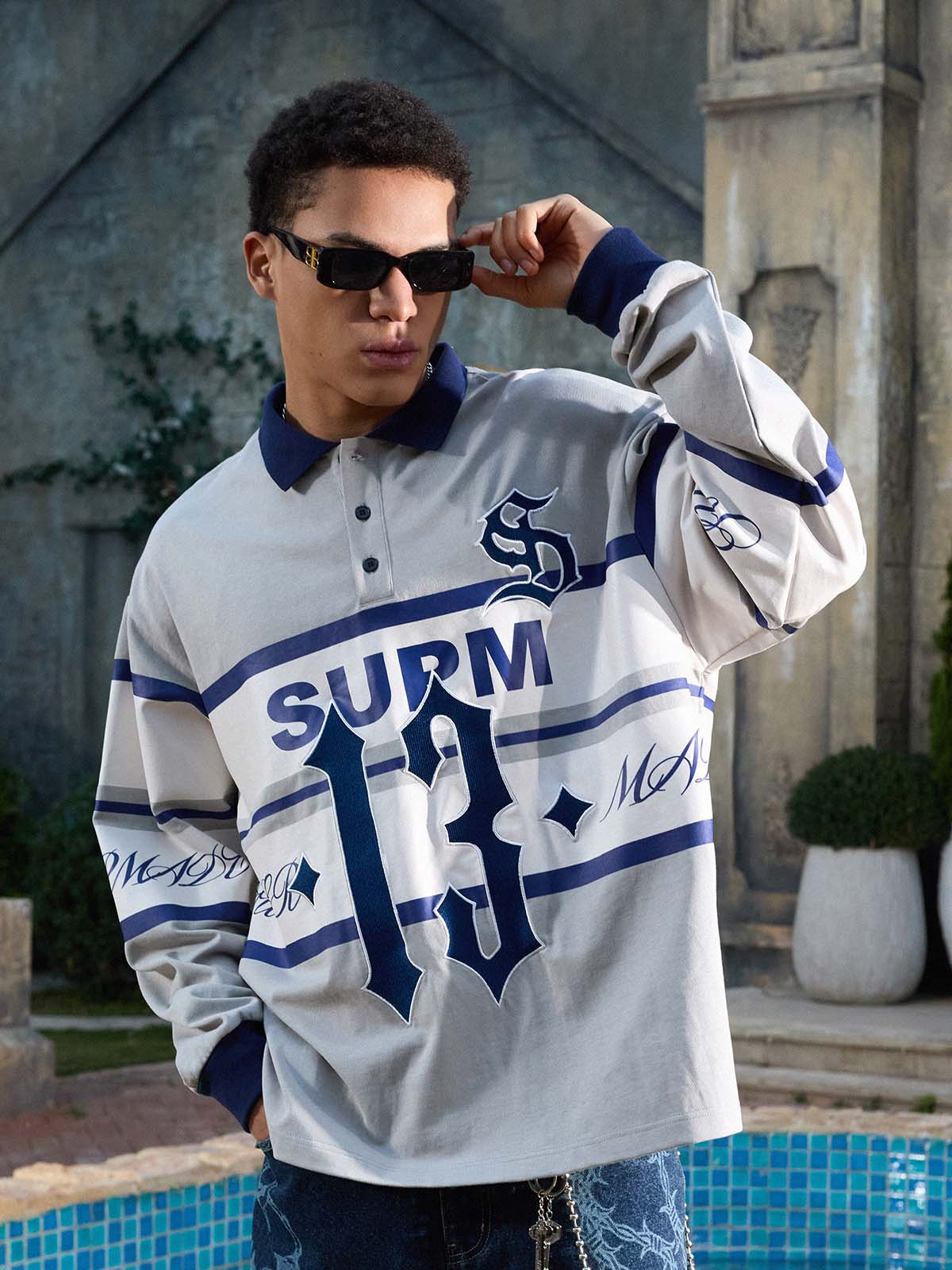 Gothic Number Stripe Rugby Collar Sweatshirt - Image 4