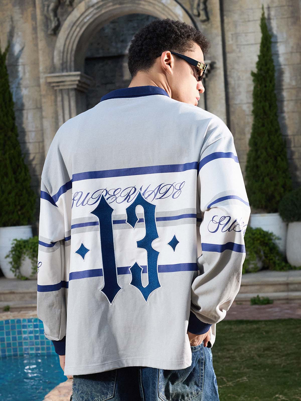 Gothic Number Stripe Rugby Collar Sweatshirt - Image 5