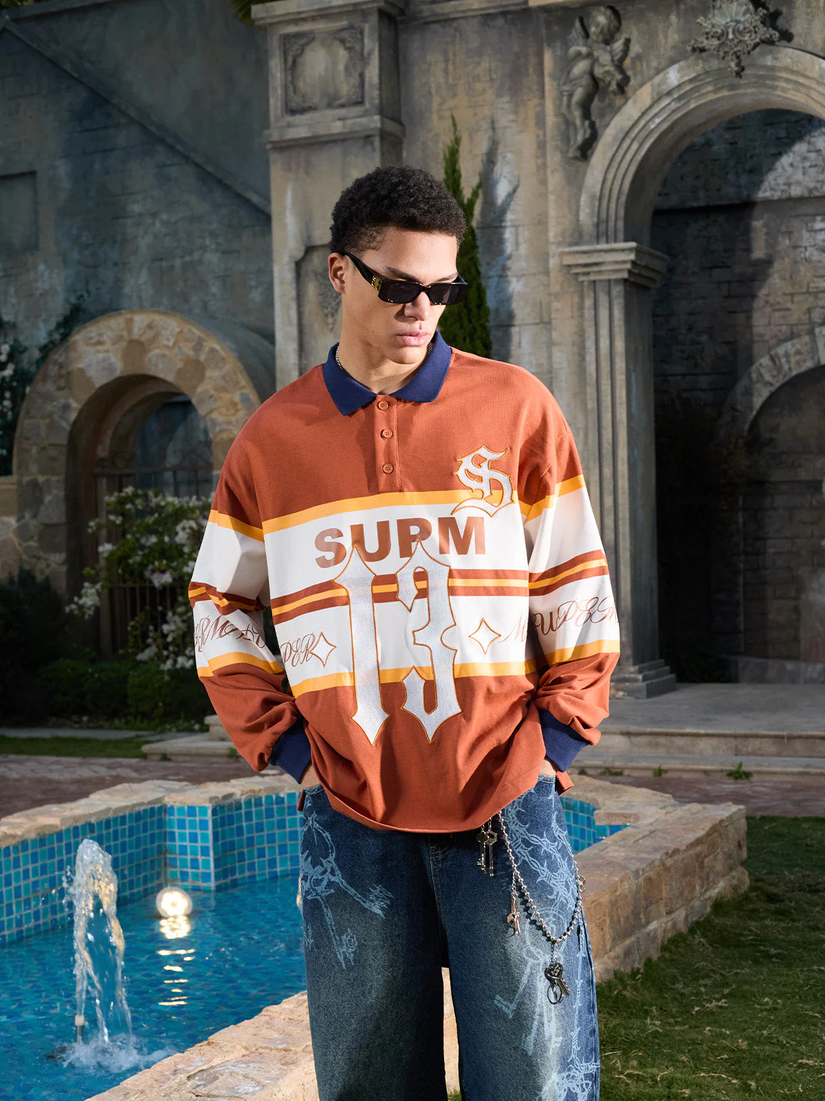 Gothic Number Stripe Rugby Collar Sweatshirt - Image 6