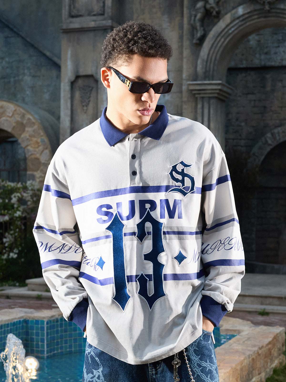 Gothic Number Stripe Rugby Collar Sweatshirt - Image 9