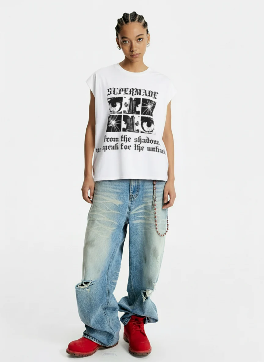 Gothic Text Graphic Cut-Off Sleeveless T-Shirt - Image 3